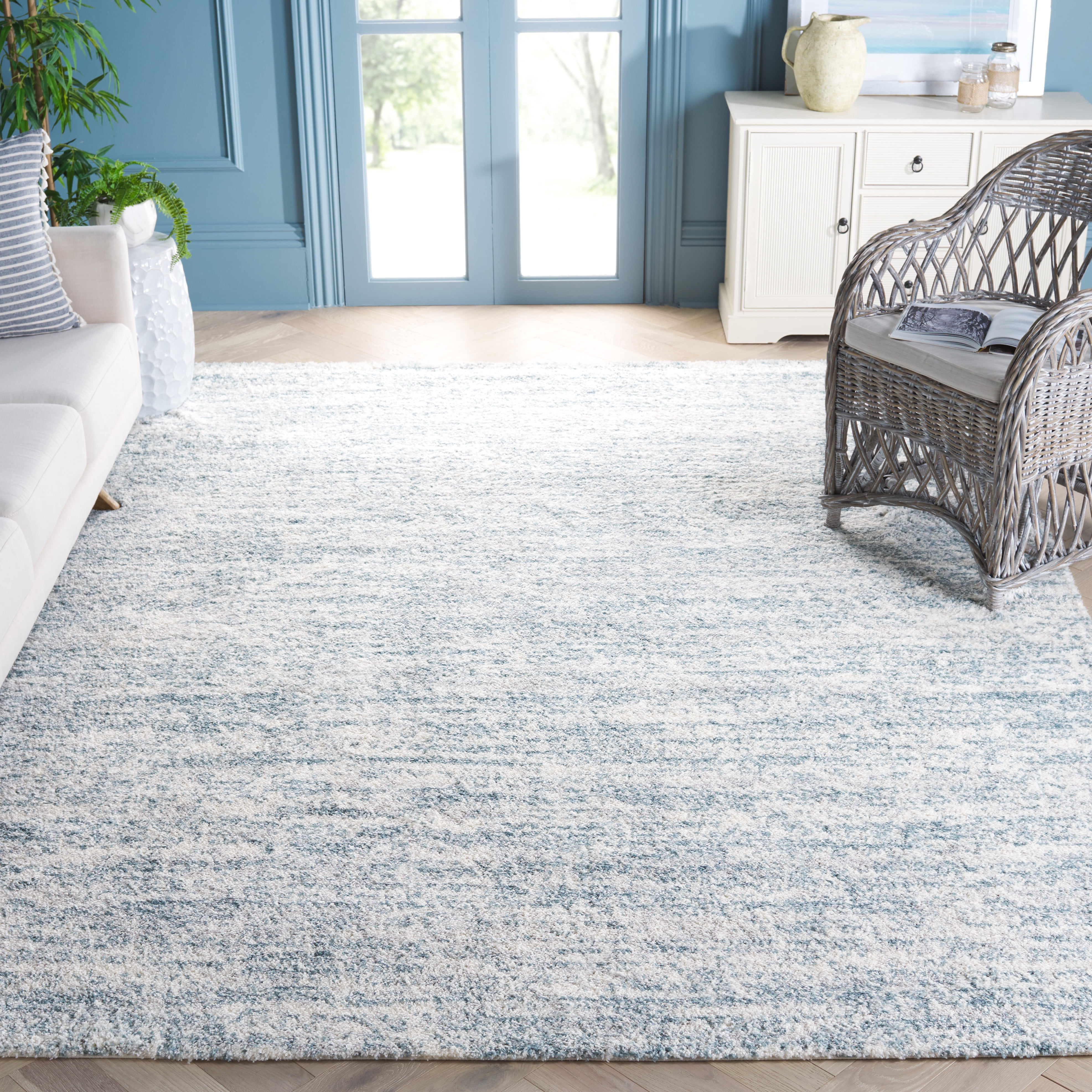 Safavieh Berber Torvald Abstract Polyester Shag Area Rug, Ivory/Light Aqua, 10' x 10' Square