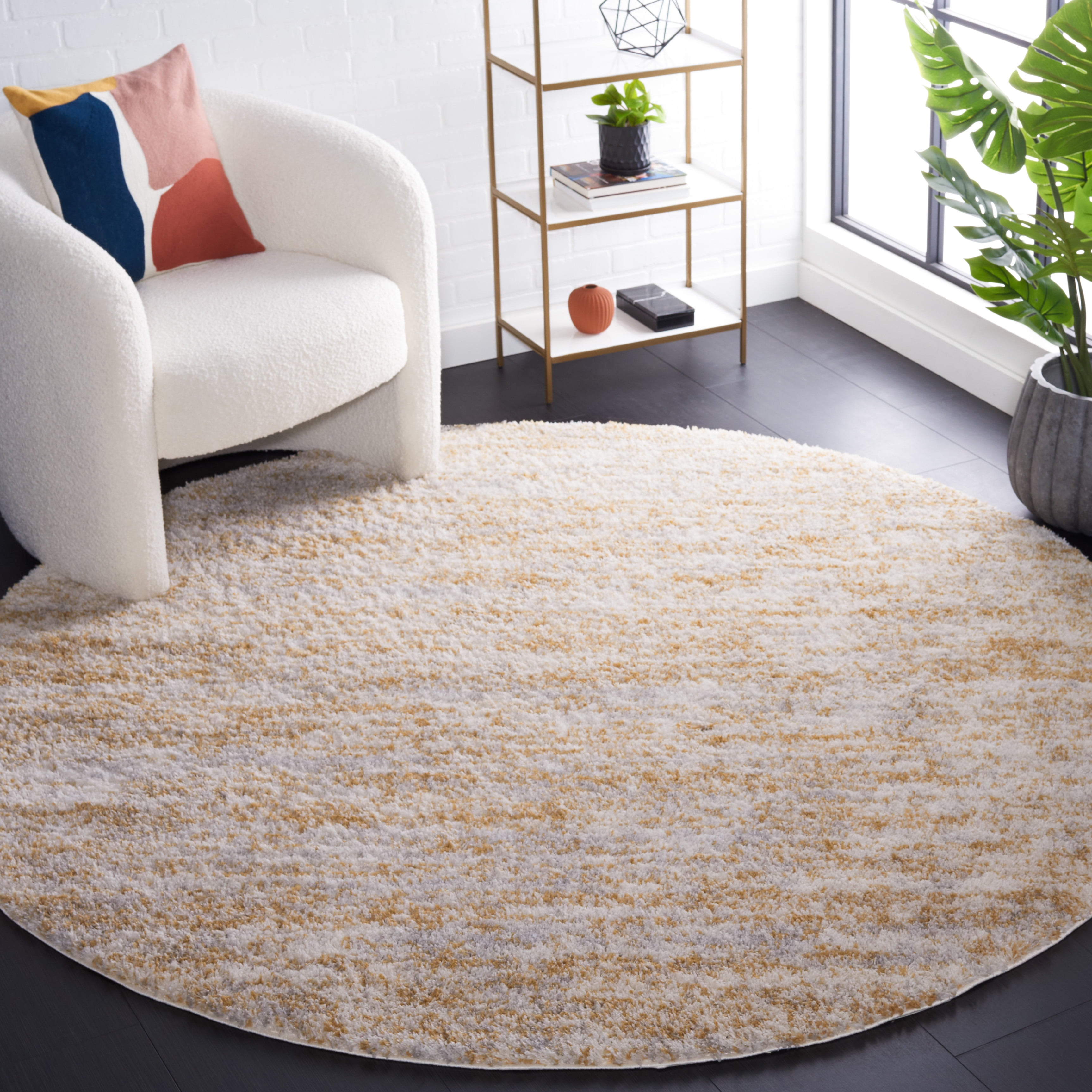Safavieh Berber Torvald Abstract Polyester Shag Area Rug, Ivory/Light Gold, 4'5" x 4'5" Round