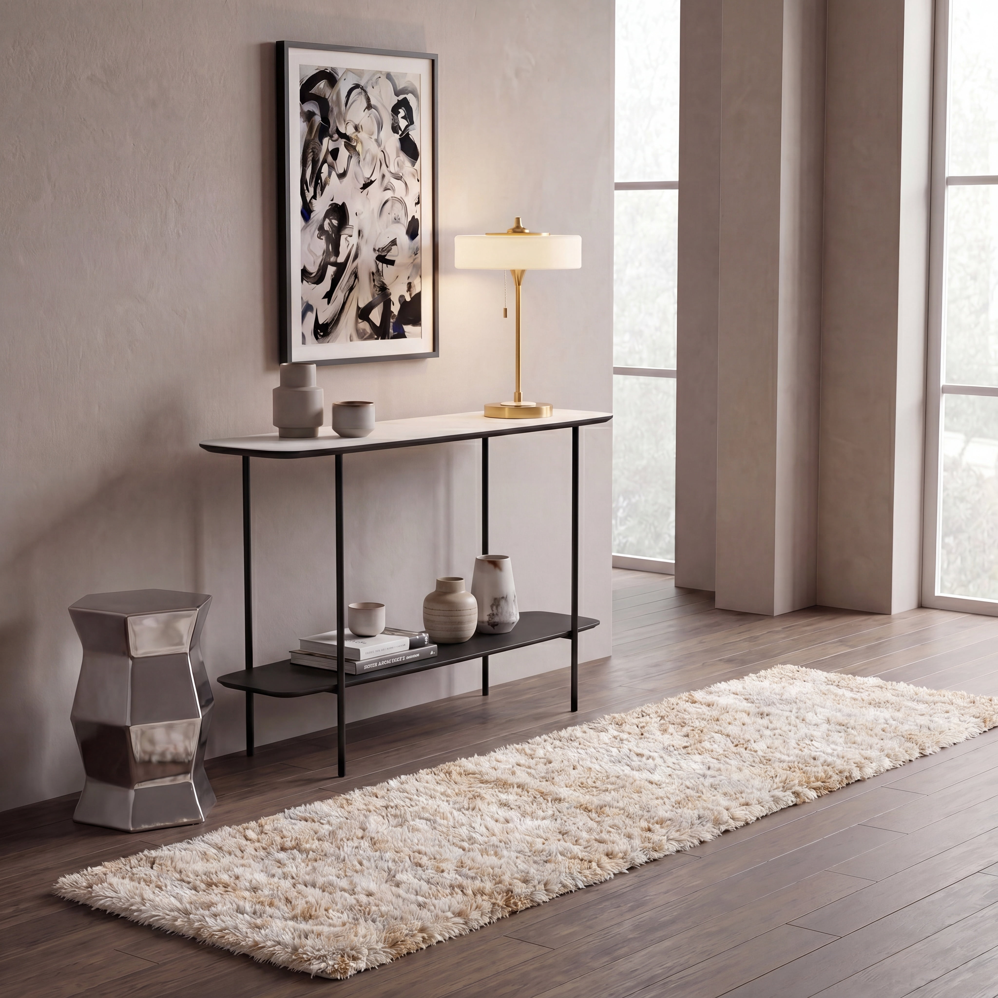 Safavieh Berber Torvald Abstract Polyester Shag Runner Rug, Ivory/Light Gold, 2'3" x 10'