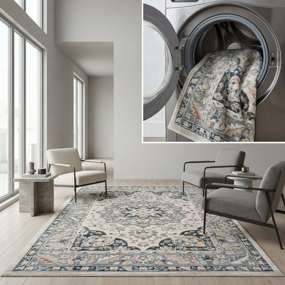 Safavieh  Blair Machine Washable Slip Resistant Ayseli Rug 5'3" x 7'6" - Beige/Grey Navy