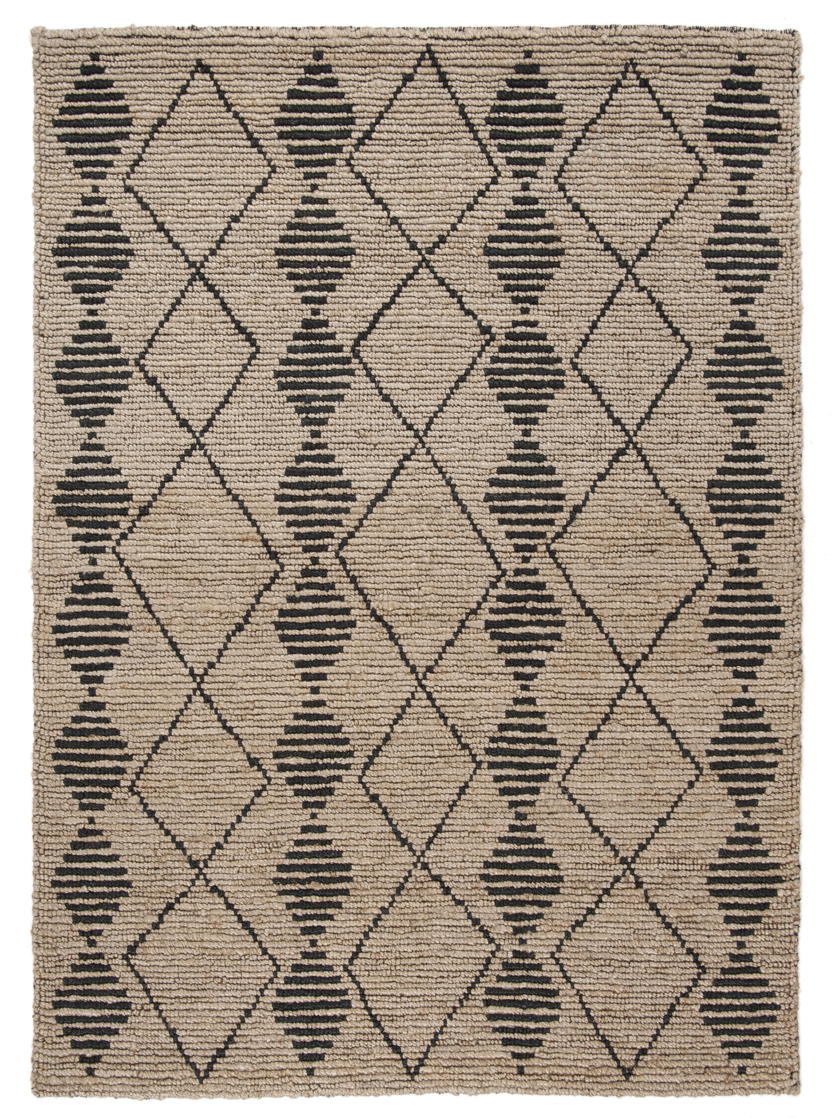 Hand-Knotted Beige and Black Wool Geometric Area Rug