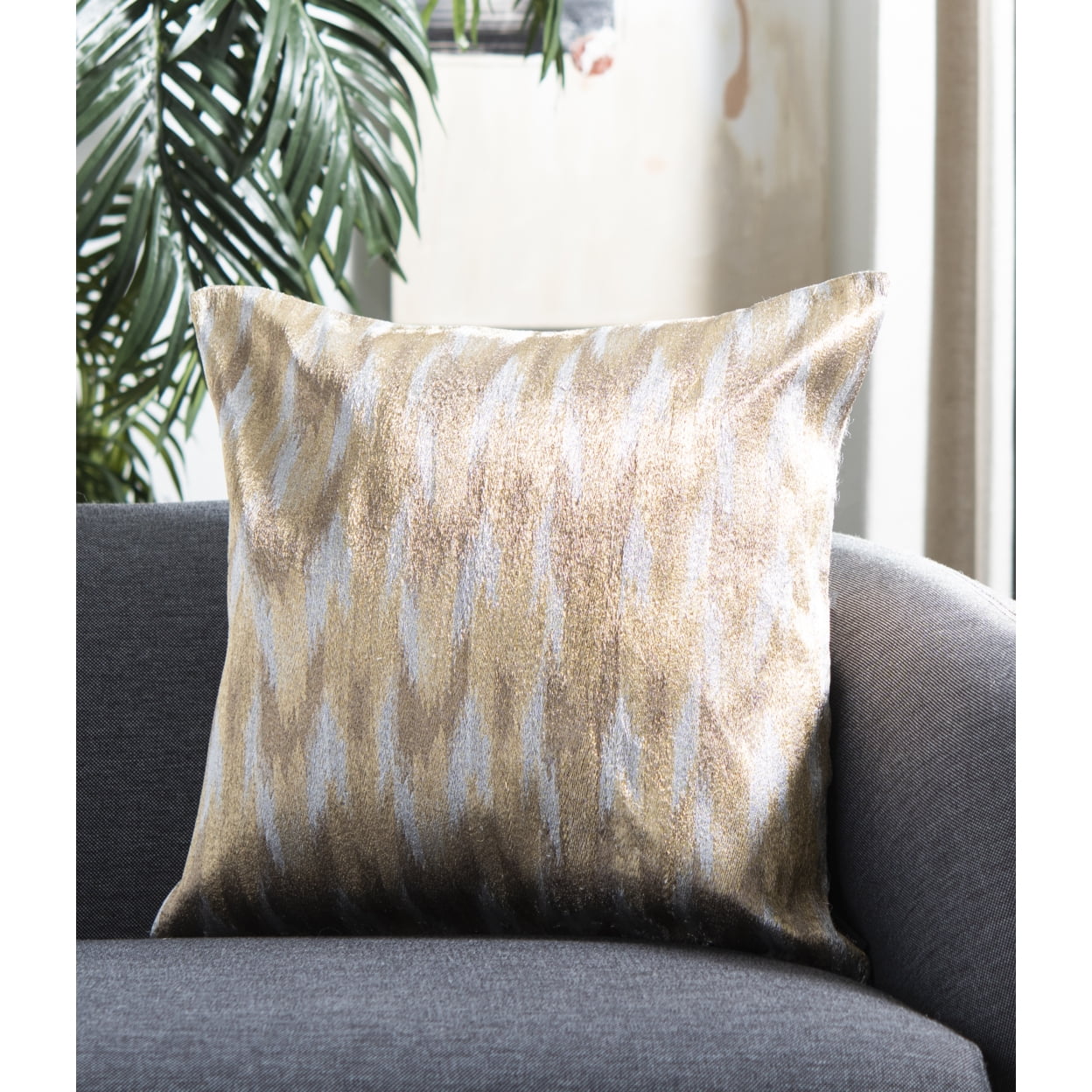Metallic Silver Ikat Embroidered Square Pillow Set
