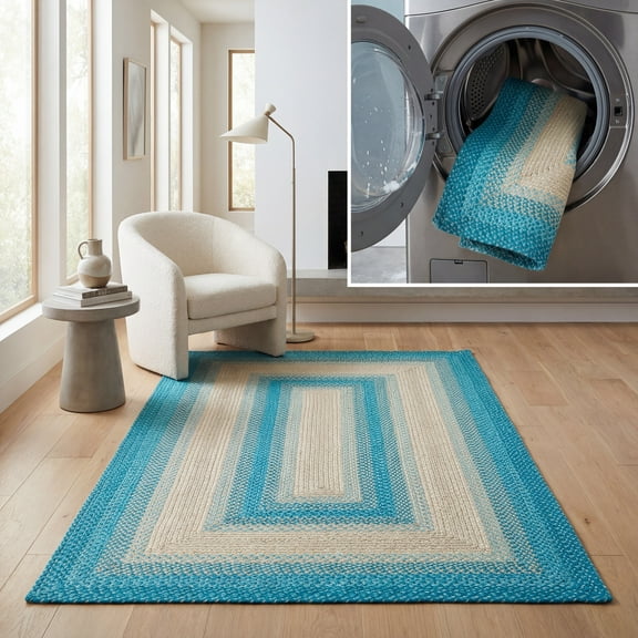 SAFAVIEH Braided Neville Bordered Machine Washable Reversible Area Rug, Blue/Beige, 2' x 3'