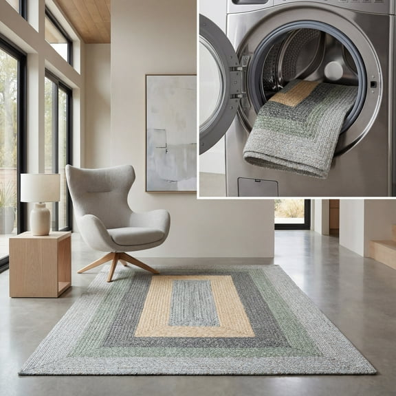 SAFAVIEH Braided Kent Geometric Machine Washable Reversible Area Rug, Gray/Green, 2' x 3'