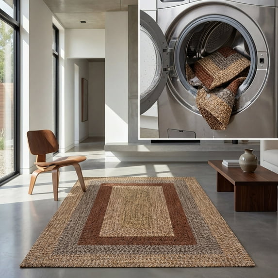 SAFAVIEH Braided Kent Geometric Machine Washable Reversible Area Rug, Brown/Gold, 3' x 3' Round