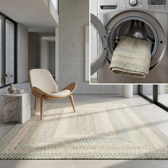 SAFAVIEH Braided Baxter Striped Machine Washable Reversible Area Rug, Beige/Light Grey, 3' x 5'
