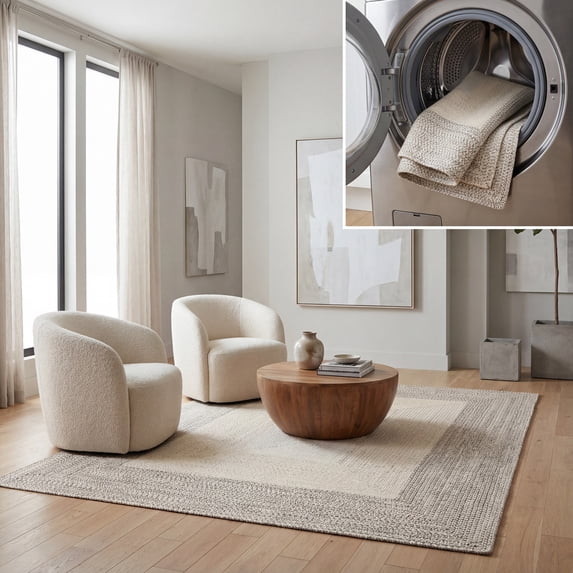 SAFAVIEH Braided Evangeline Bordered Machine Washable Reversible Area Rug, Ivory/Grey, 3' x 5'