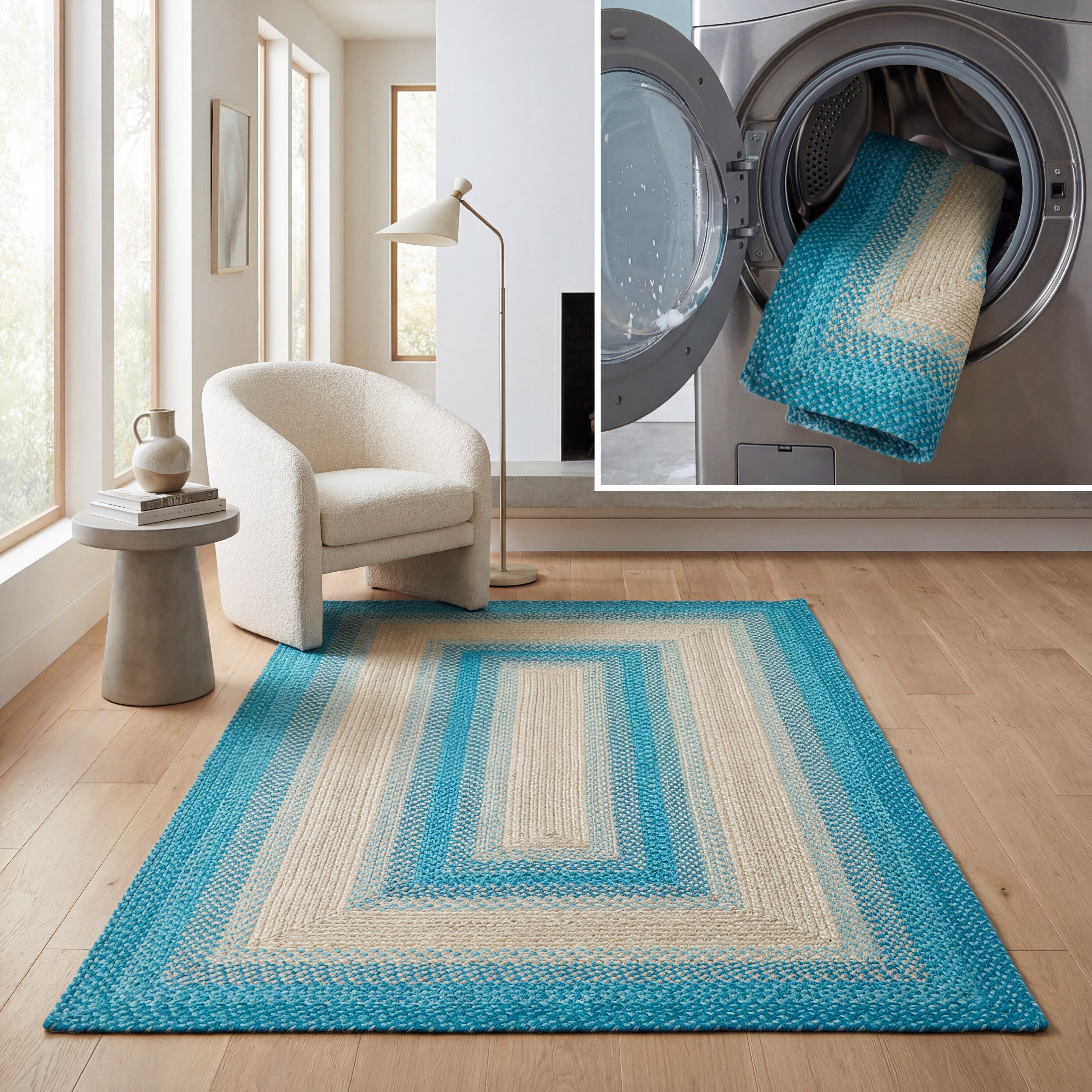 SAFAVIEH Braided Neville Bordered Machine Washable Reversible Area Rug, Blue/Beige, 4' x 6'