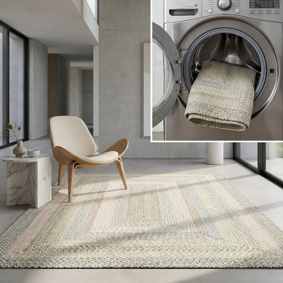 SAFAVIEH Braided Baxter Striped Machine Washable Reversible Area Rug, Beige/Light Grey, 5' x 5' Square