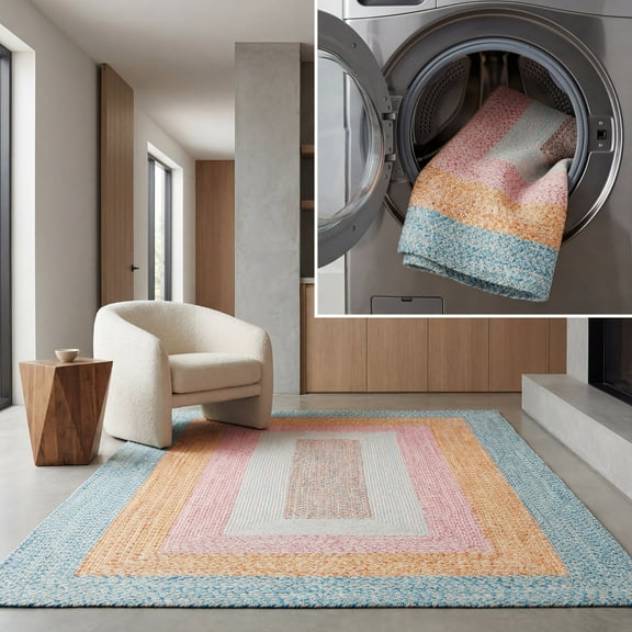 SAFAVIEH Braided Kent Geometric Machine Washable Reversible Area Rug, Aqua/Pink, 5' x 5' Round