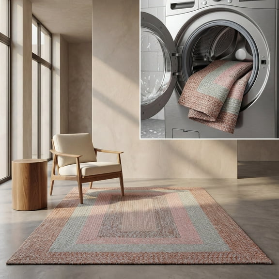 SAFAVIEH Braided Kent Geometric Machine Washable Reversible Area Rug, Brown/Gray Pink, 5' x 5' Square