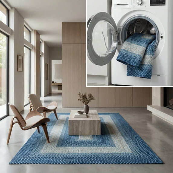 SAFAVIEH Braided Neville Bordered Machine Washable Reversible Area Rug, Navy/Grey, 5' x 5' Square