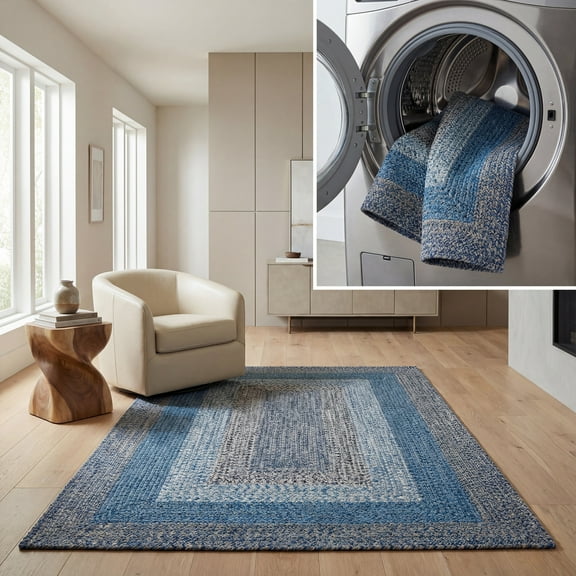 SAFAVIEH Braided Kent Geometric Machine Washable Reversible Area Rug, Navy/Blue, 5' x 8'