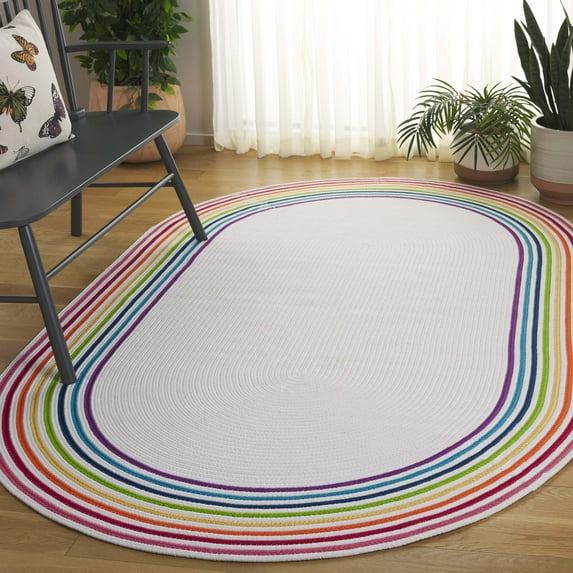 SAFAVIEH Braided Lincoln Striped Reversible Area Rug, Ivory/Rainbow, 5' x 8' Oval