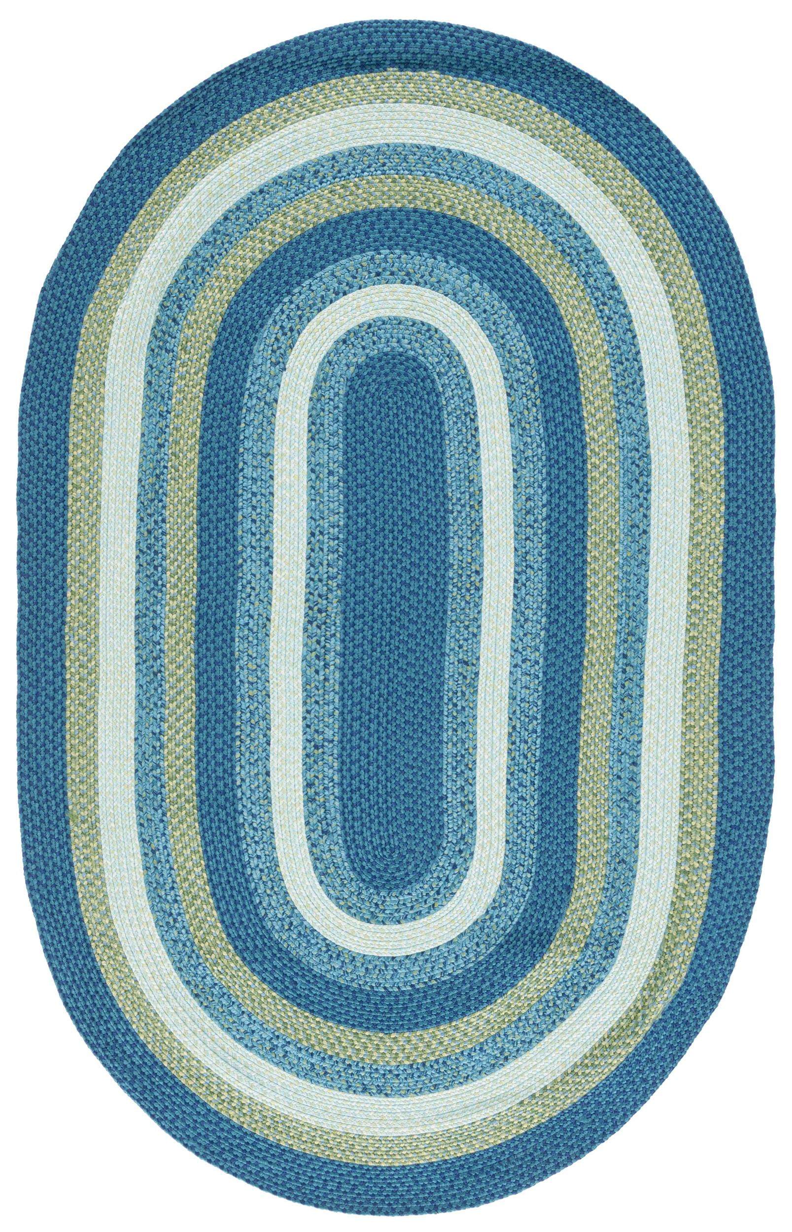 Aqua and Green Oval Braided Synthetic Area Rug 5' x 8'