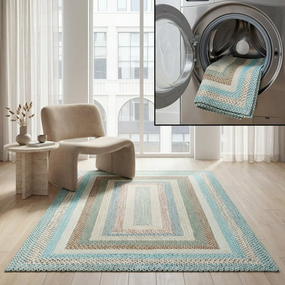 SAFAVIEH Braided Kaylee Striped Machine Washable Reversible Area Rug, Beige/Light Blue, 6' x 9'