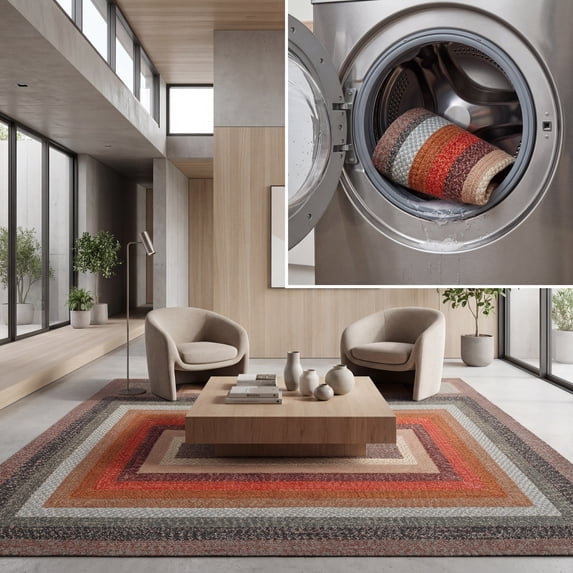 SAFAVIEH Braided Tendrils Striped Machine Washable Reversible Area Rug, Brown/Rust, 8' x 10'