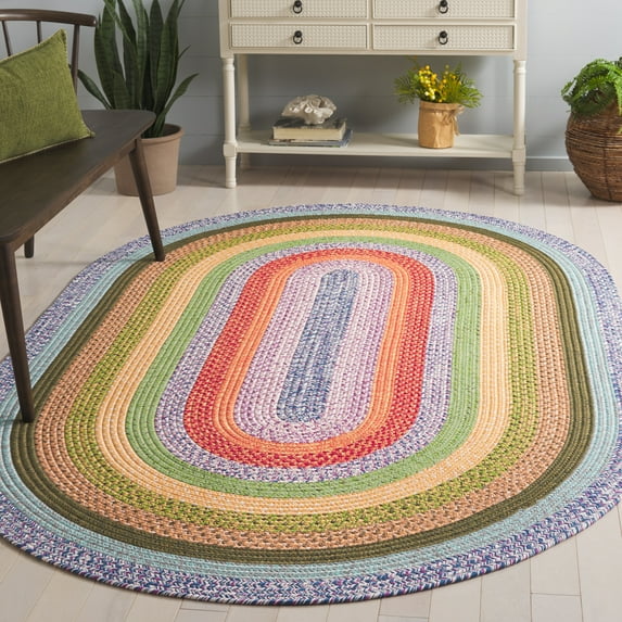 SAFAVIEH Braided Brendanus Striped Machine Washable Reversible Area Rug, Green/Rust, 8' x 10' Oval