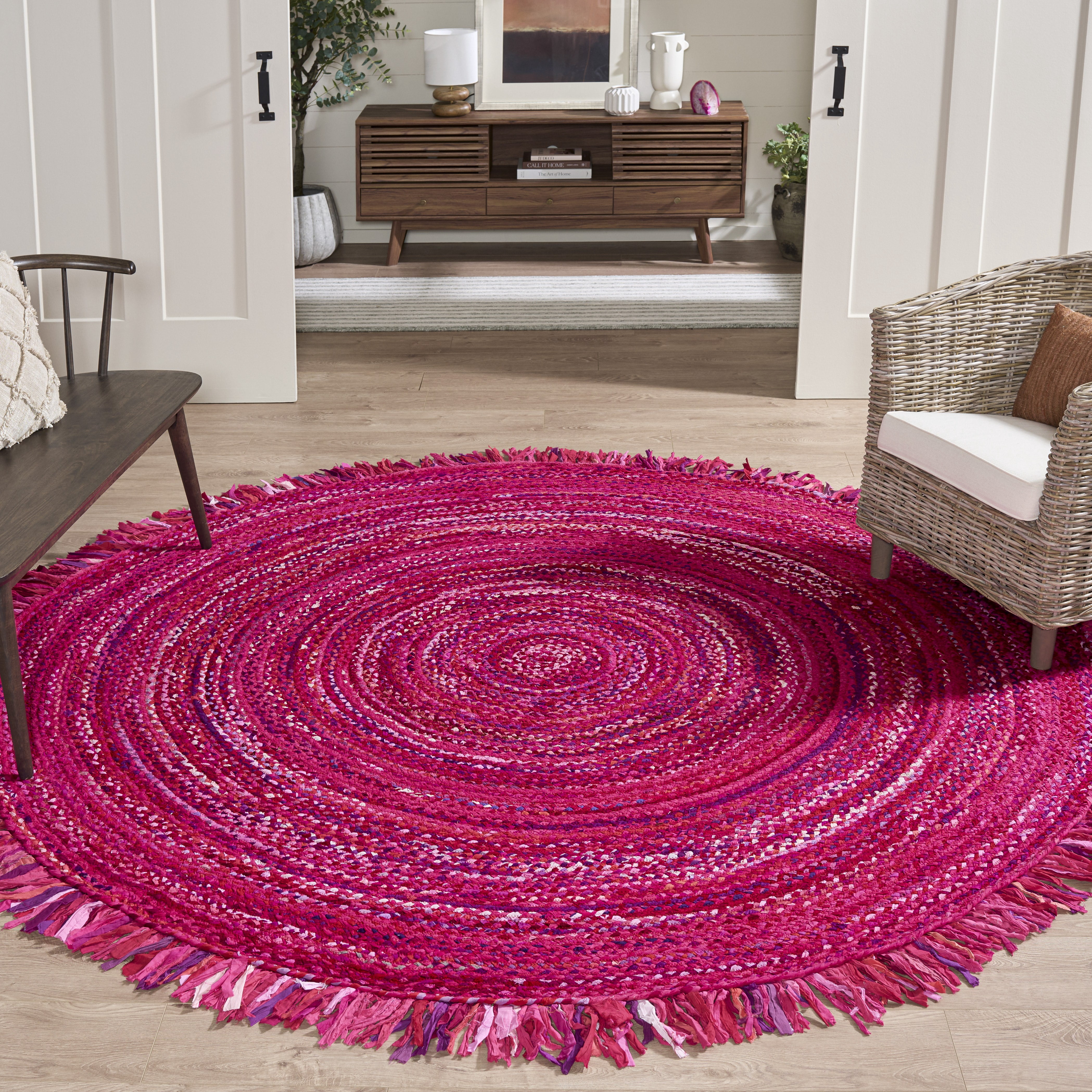 Safavieh Braided Paisley Transitional Cotton Reversible Area Rug, Pink/Fuchsia, 7' x 7' Round