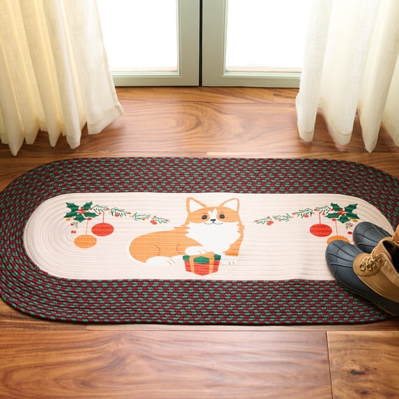 Safavieh Braided Posters Merry Christmas Corgi Runner Rug, Ivory/Burgundy Red, 1'8" x 4' Oval