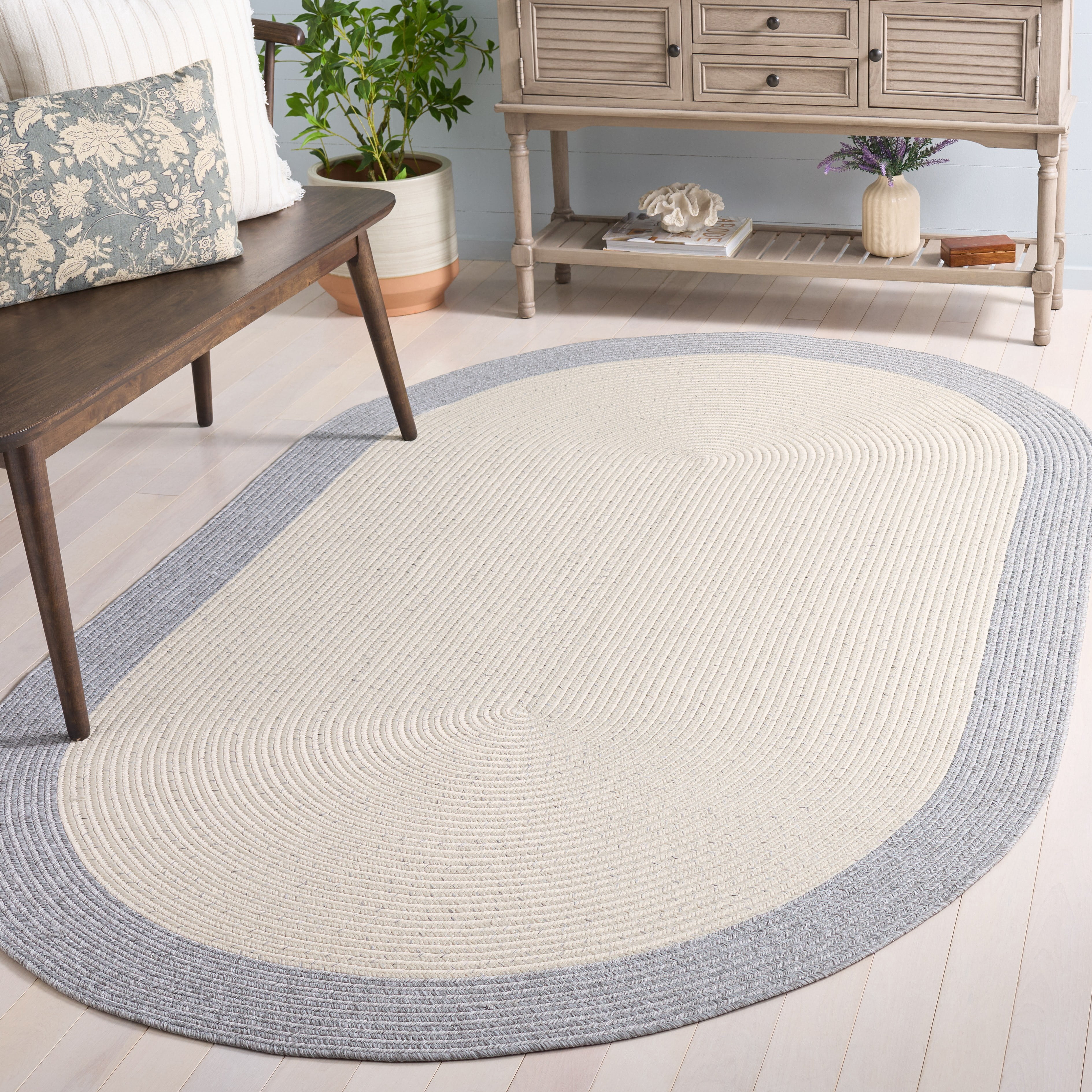 Safavieh Braided Victor Bordered Machine Washable Reversible Area Rug, Ivory/Gray, 5' x 8' Oval