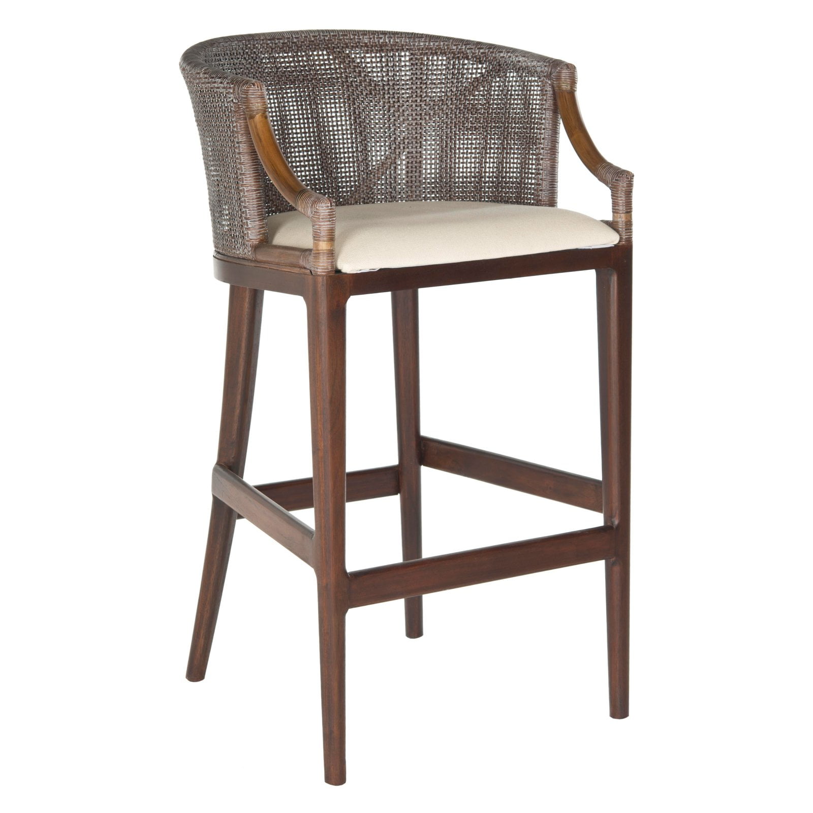 Brando Mahogany and Rattan Barrel Bar Stool with Cream Cushion