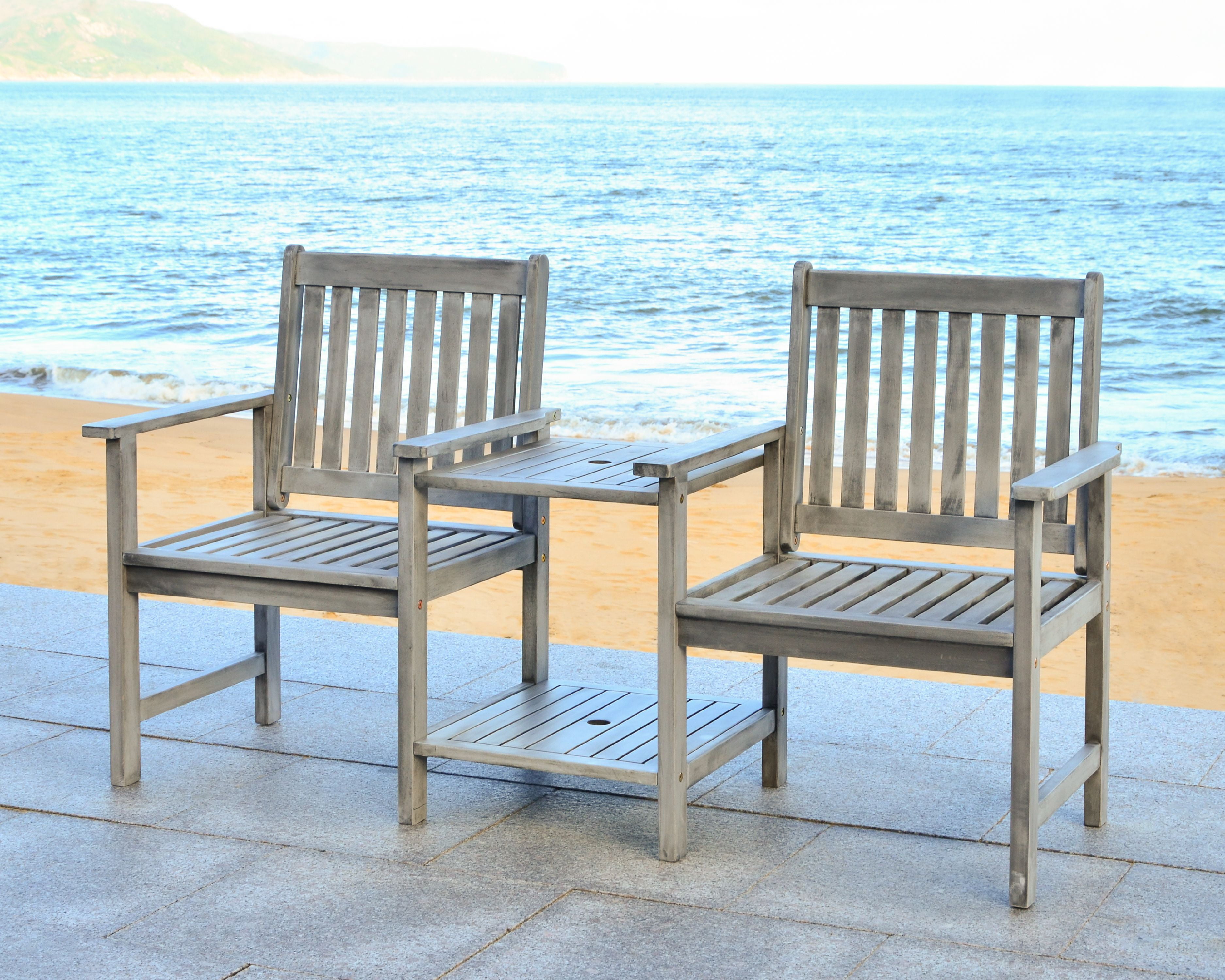 Gray Acacia Twin Seat Bench with Umbrella Table