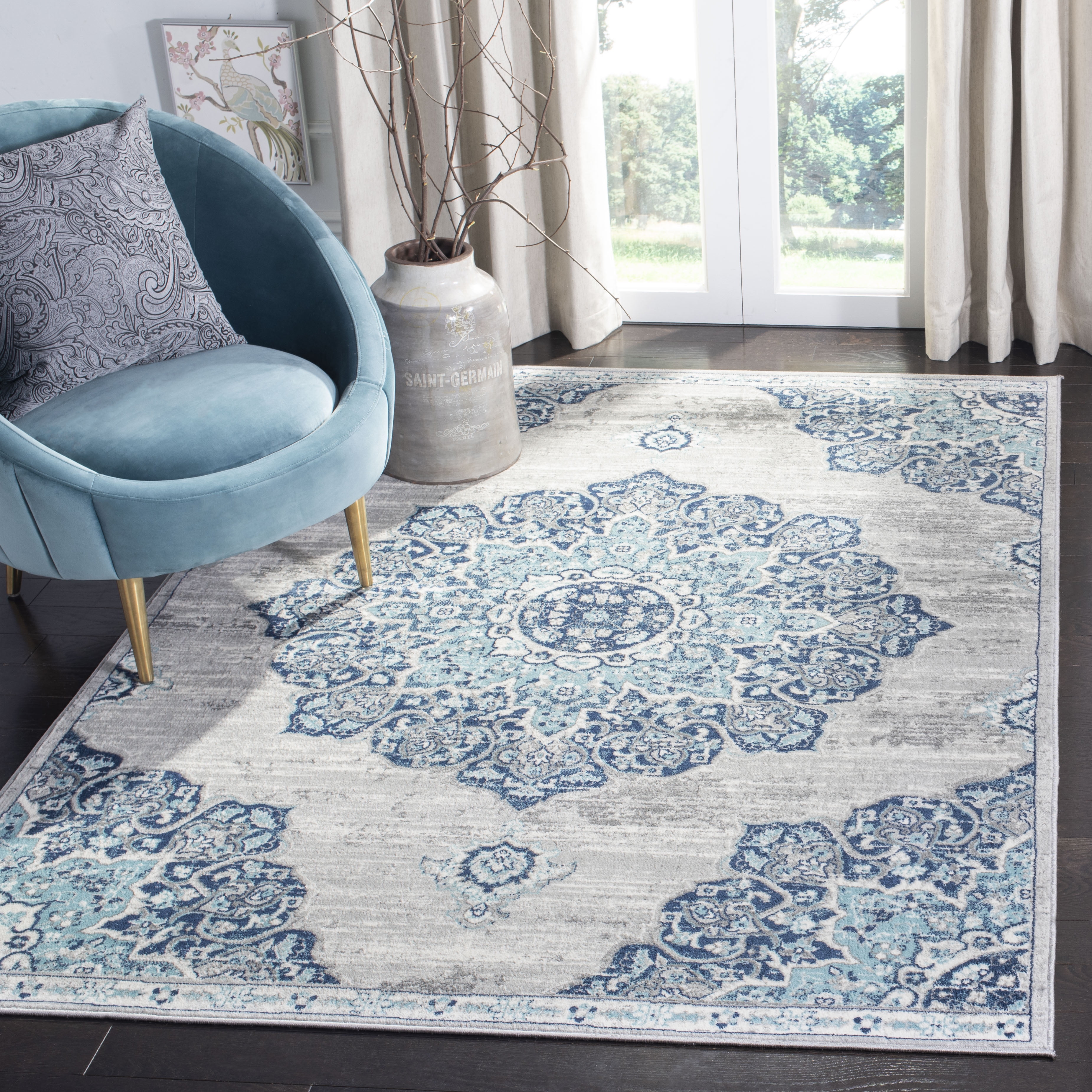 Gray and Blue 8' x 10' Synthetic Medallion Area Rug