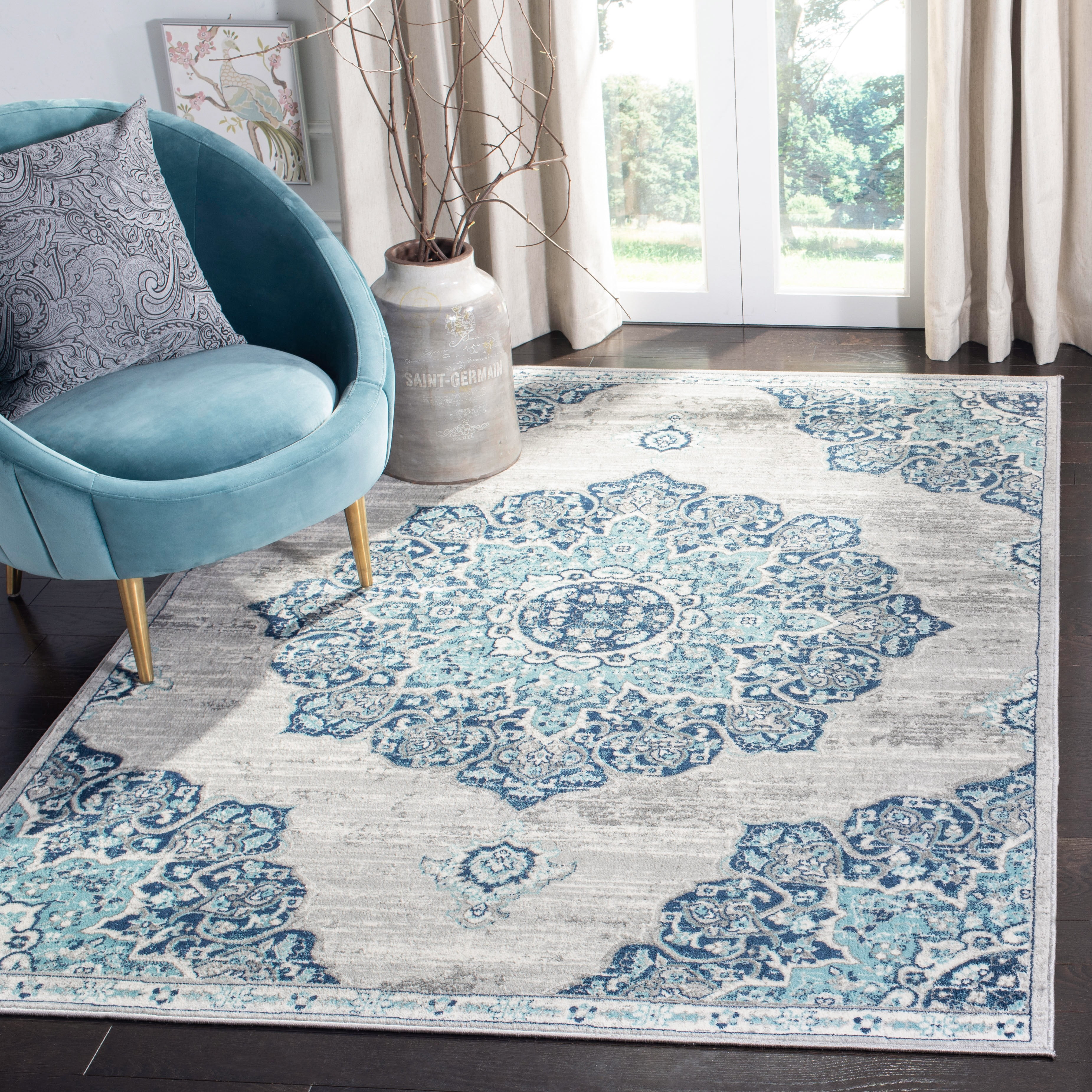 SAFAVIEH Brentwood Cantor Oriental Area Rug, Navy/Light Gray, 4' x 6'