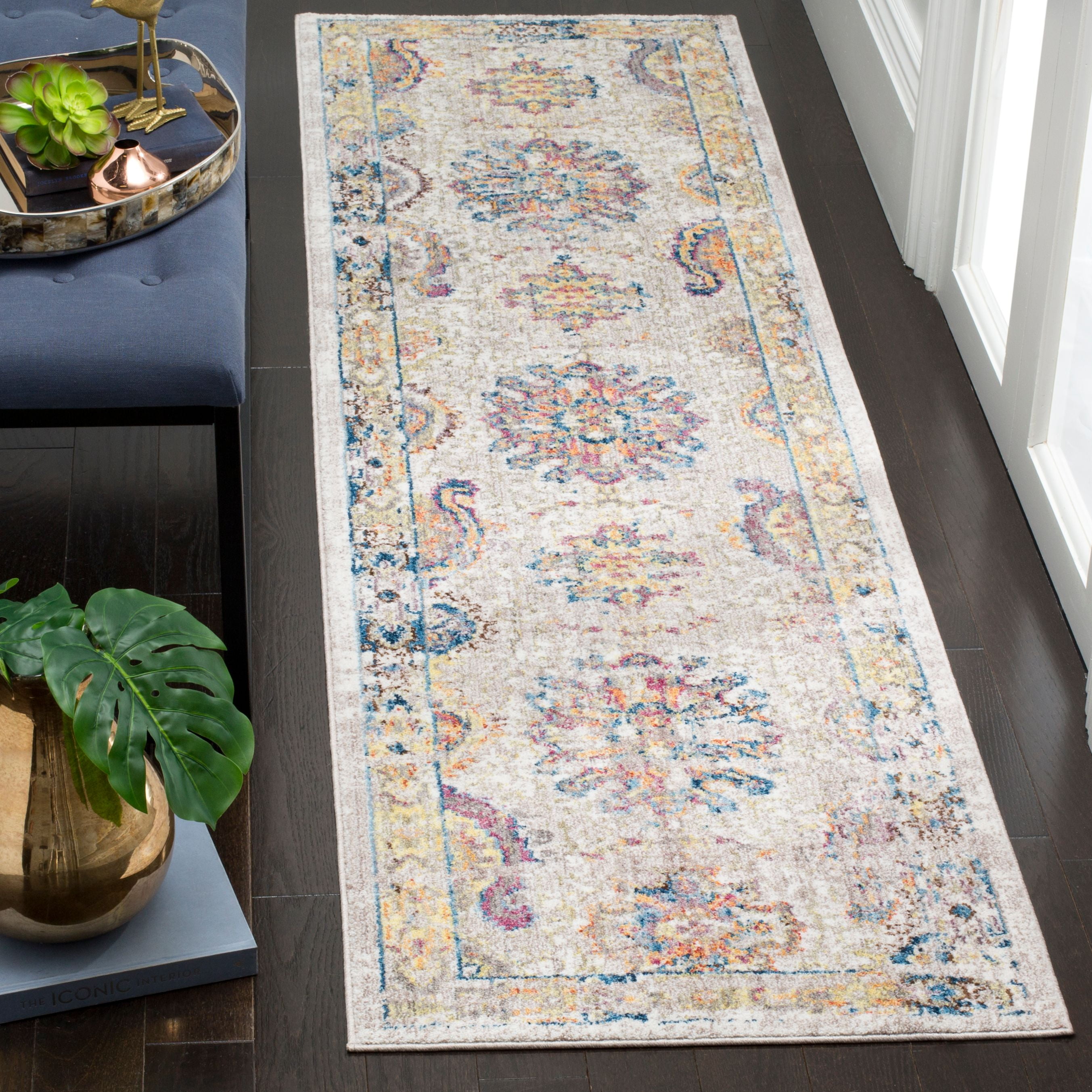 Light Grey and Blue Synthetic Geometric Runner Rug