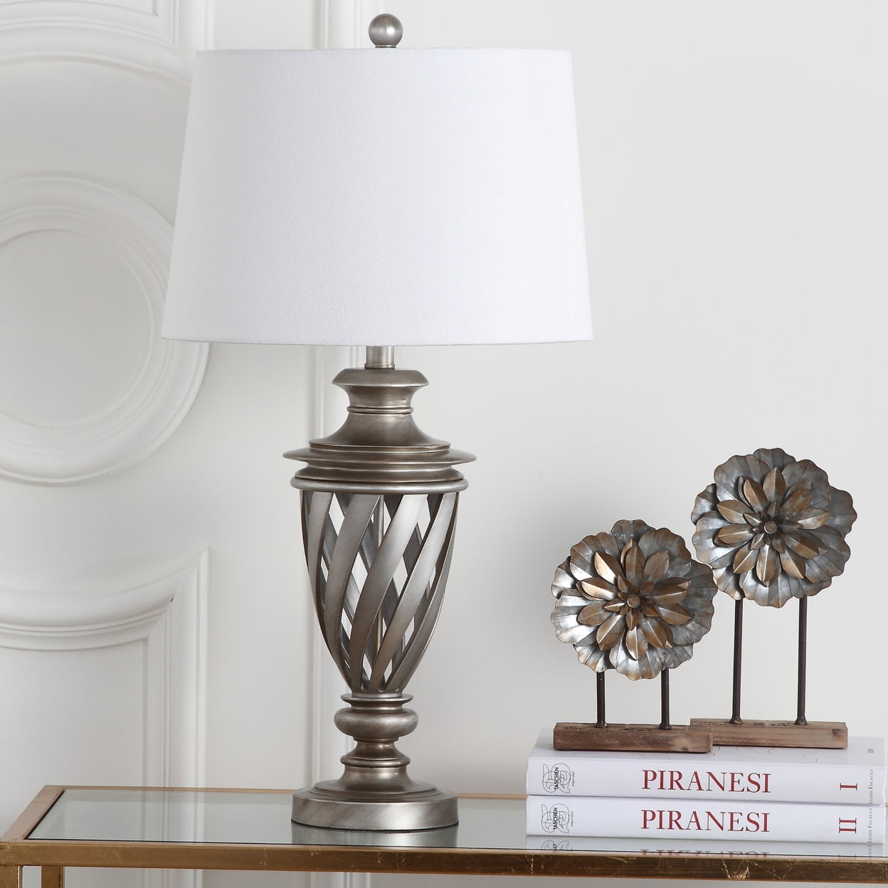 Byron 28.5 Inch Antique Silver Urn Table Lamp Set with White Shades