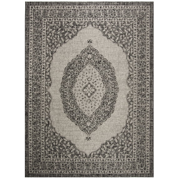 SAFAVIEH Courtyard Avi Medallion Indoor/Outdoor Area Rug, Light Grey/Black, 9' x 12'