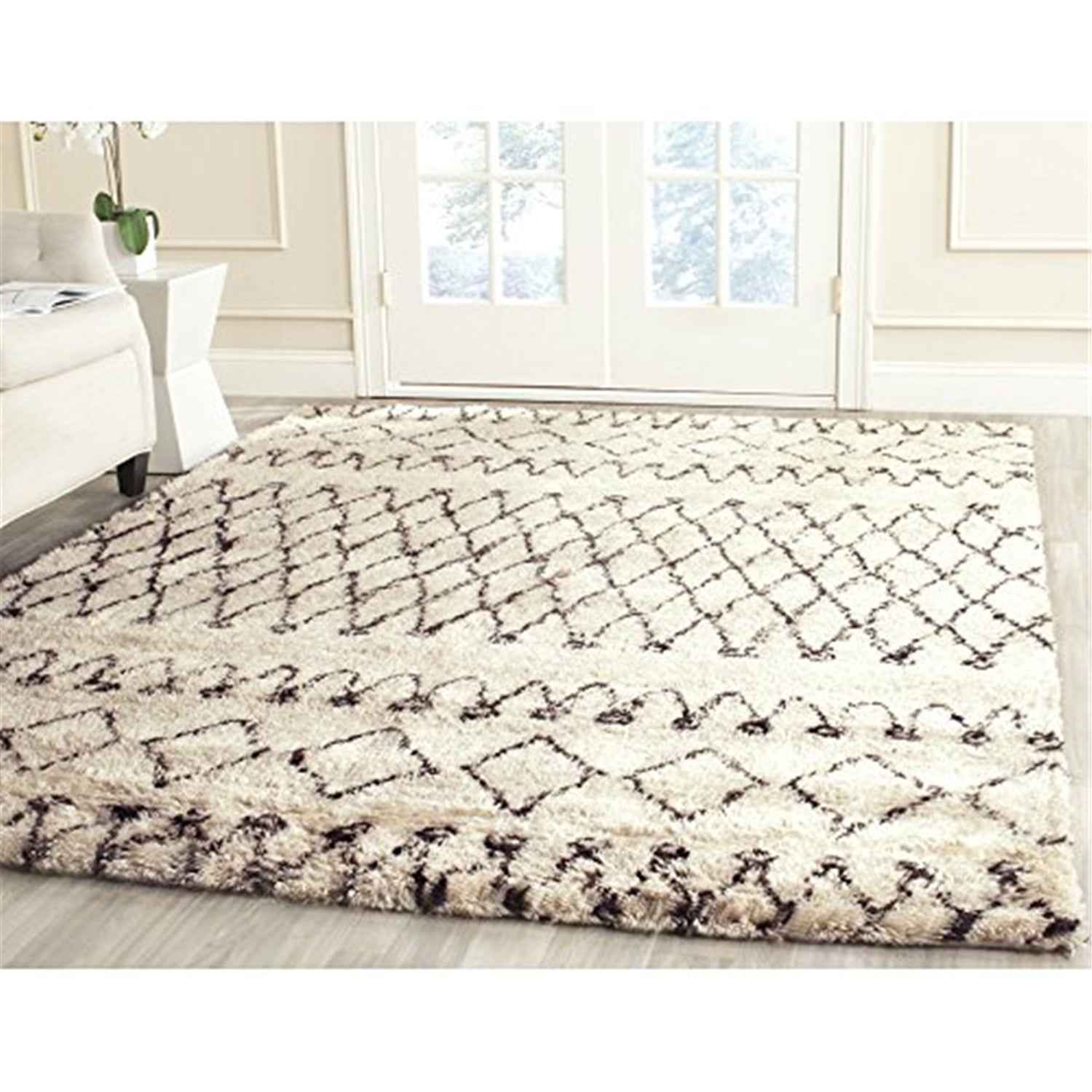 Ivory and Dark Brown Hand-Tufted Wool Shag Rug, 10' x 14'