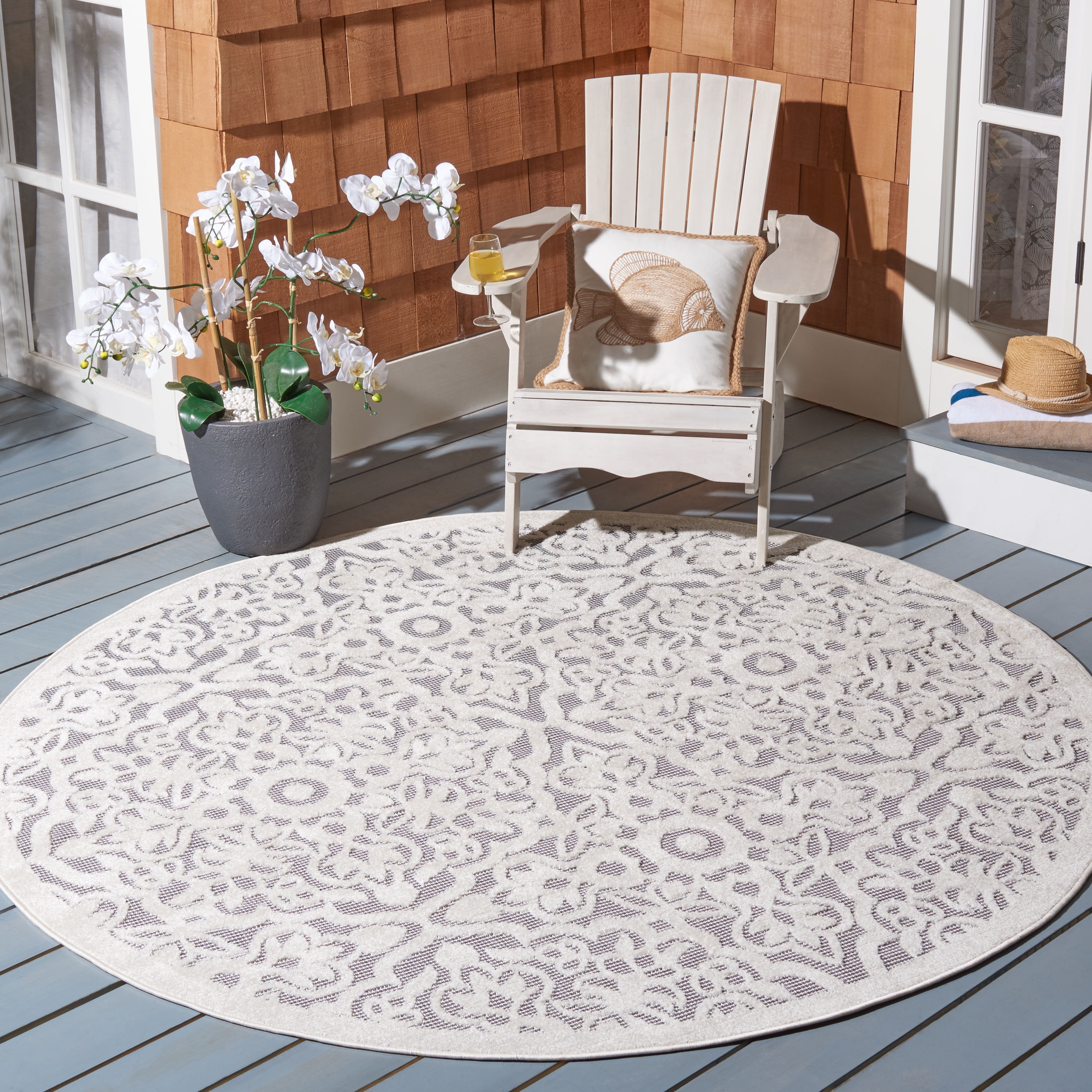 Ivory and Grey Floral Round Synthetic Indoor/Outdoor Rug