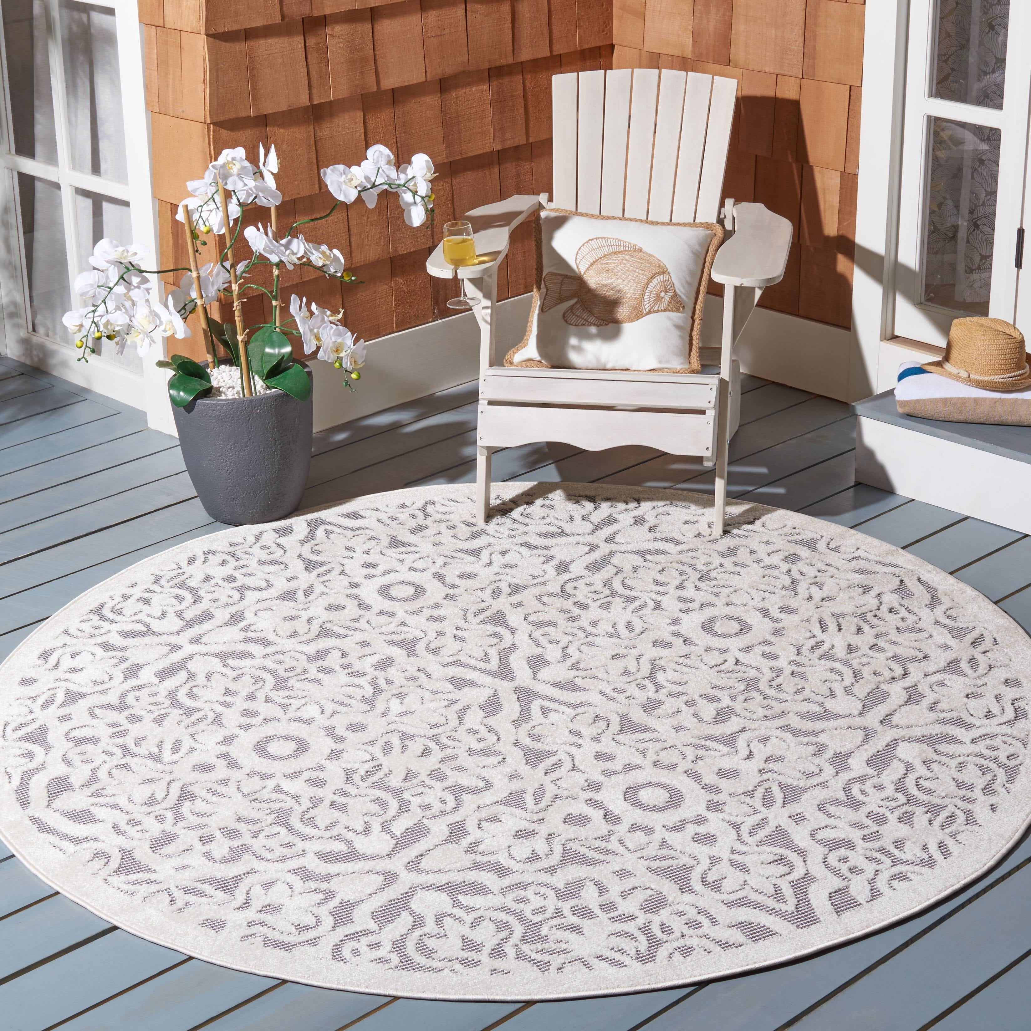 Ivory and Grey Floral Round Synthetic Indoor/Outdoor Rug
