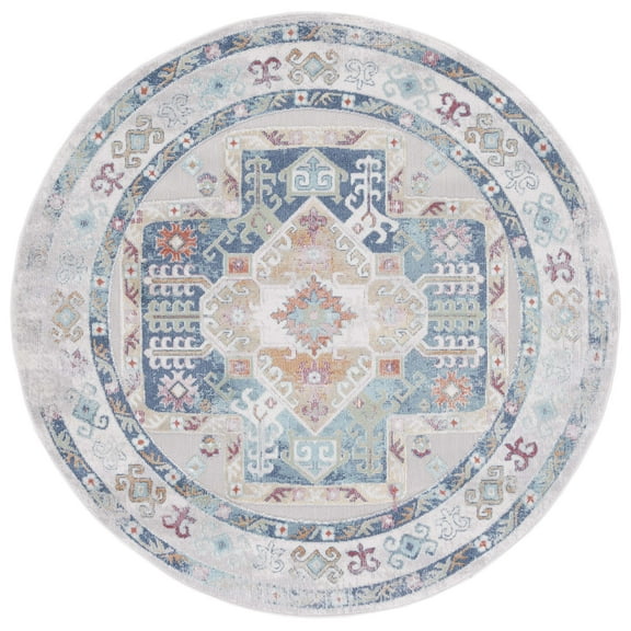 SAFAVIEH Cabana Dima Medallion Indoor/Outdoor Area Rug, Navy/Aqua/Ivory, 6'7" x 6'7" Round