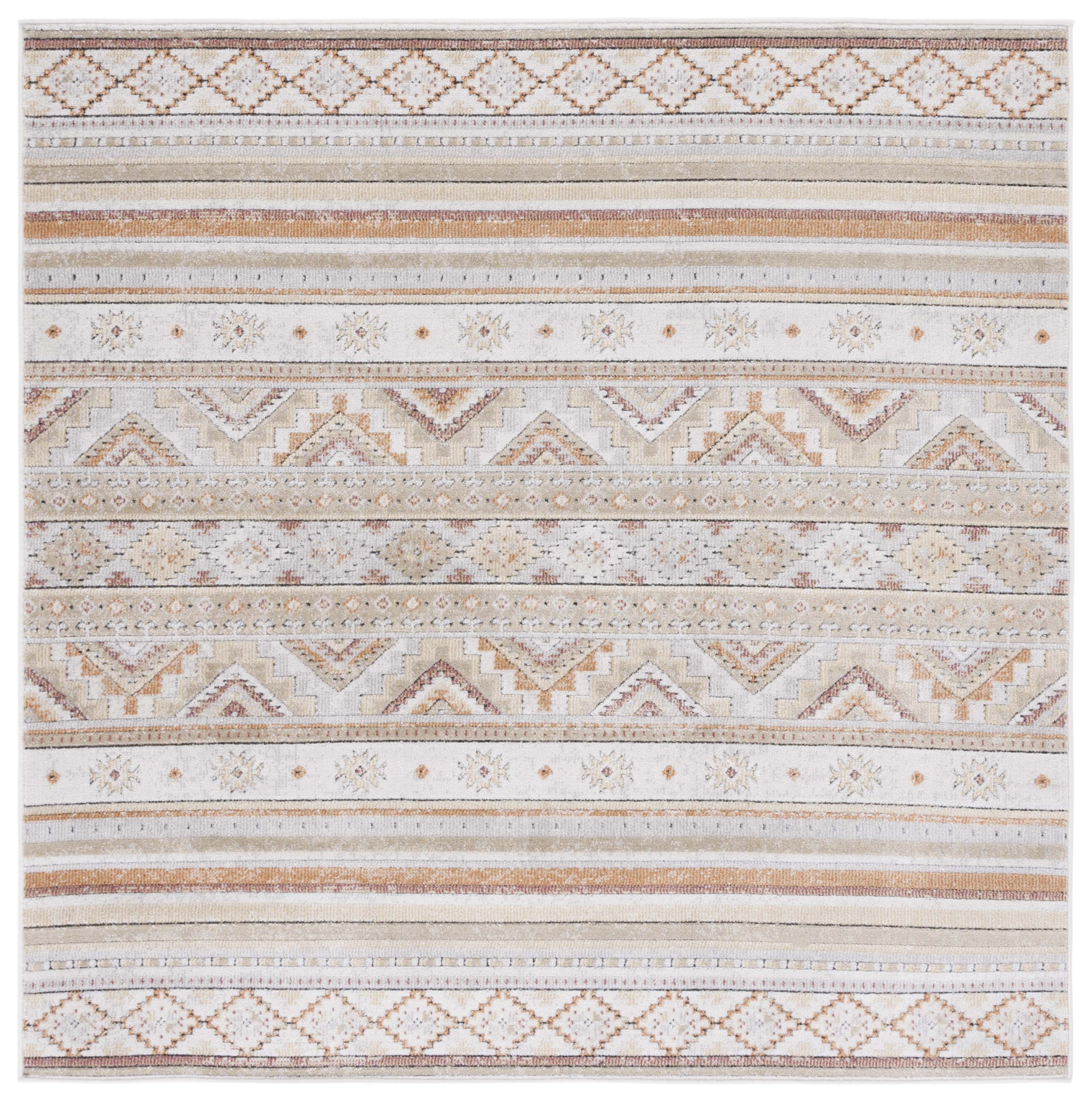 Ivory Beige Geometric Synthetic Square Area Rug