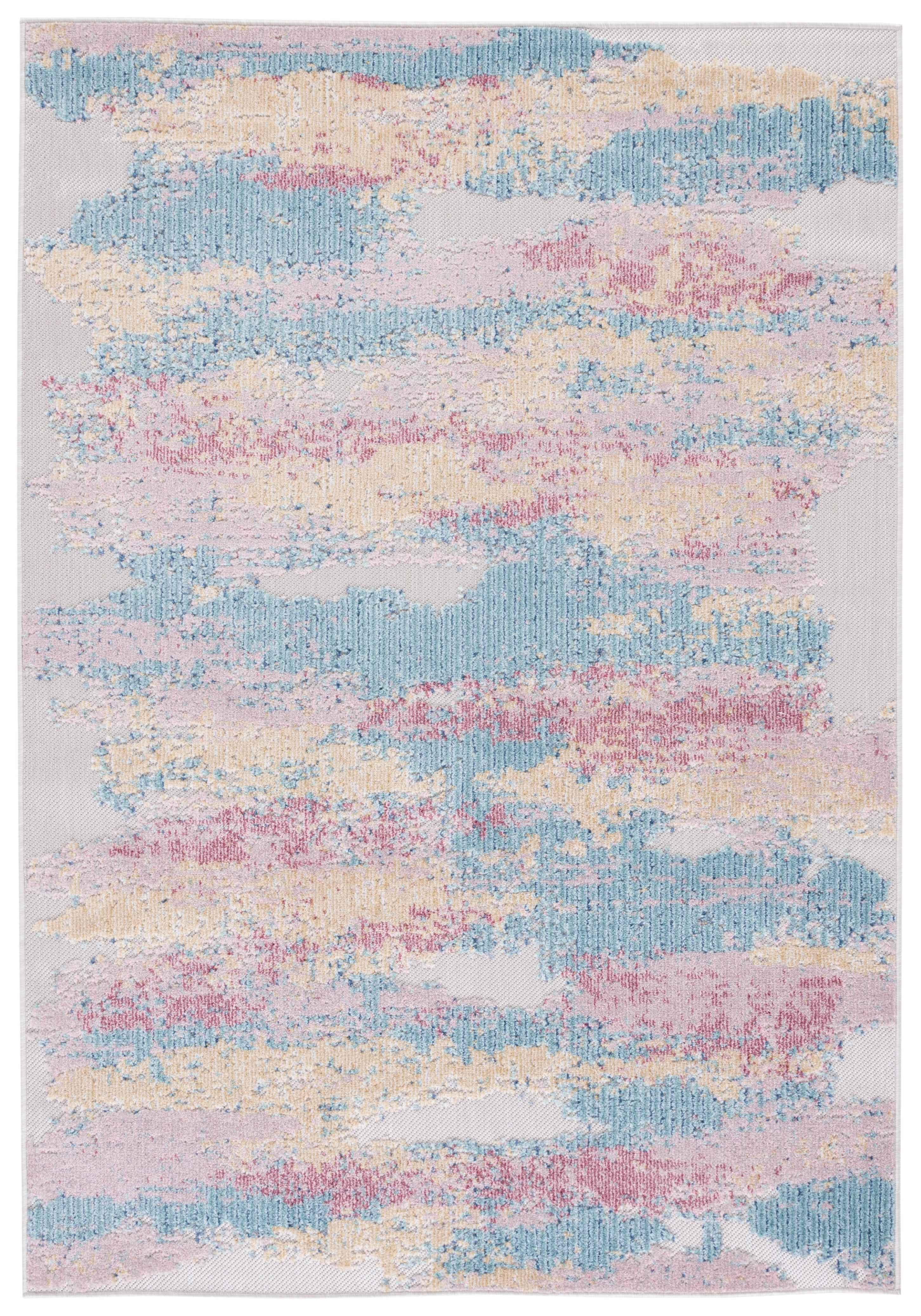 Large Aqua and Pink Geometric Synthetic Rug