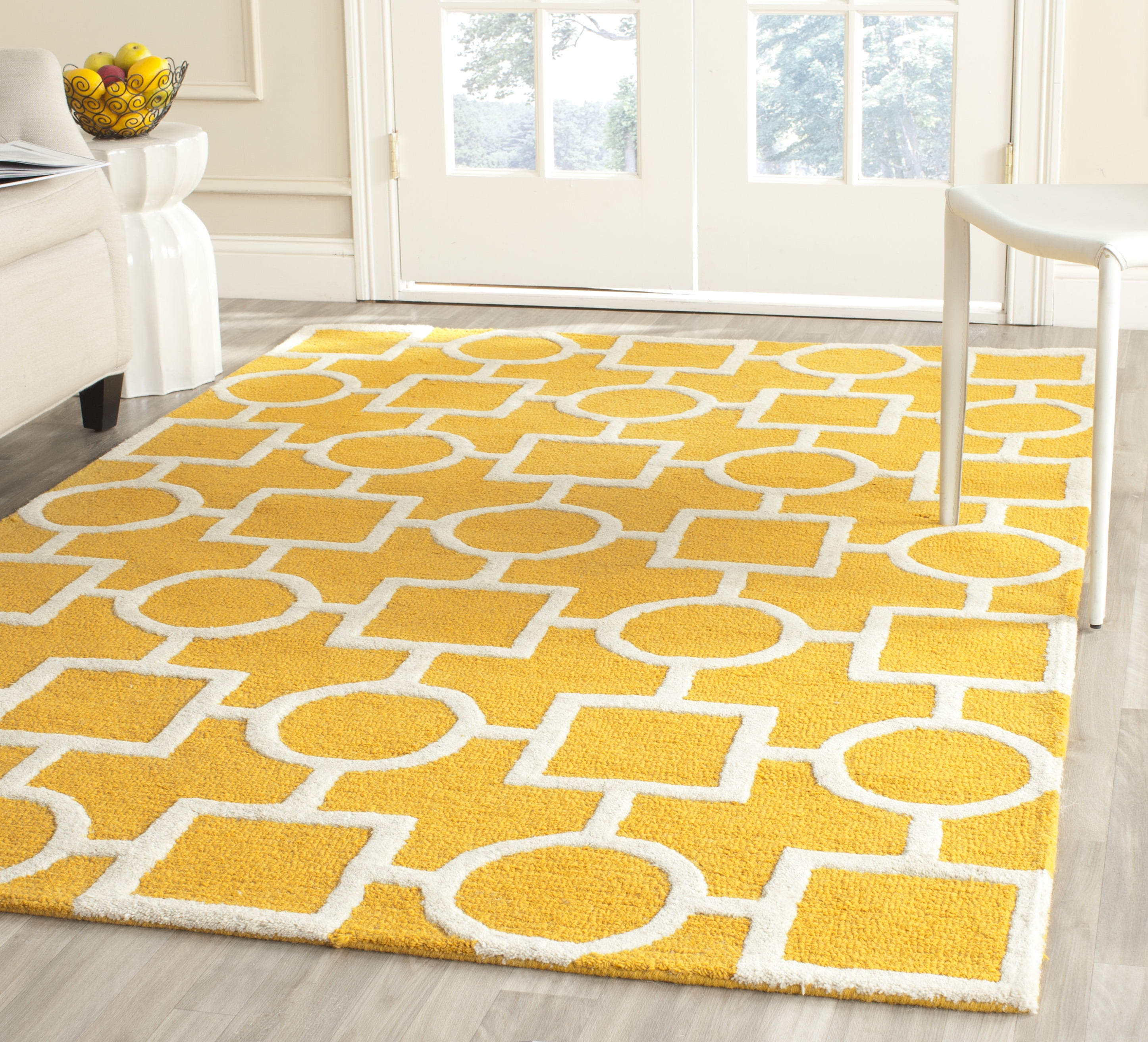 Gold and Ivory Hand-Tufted Wool Geometric Square Rug