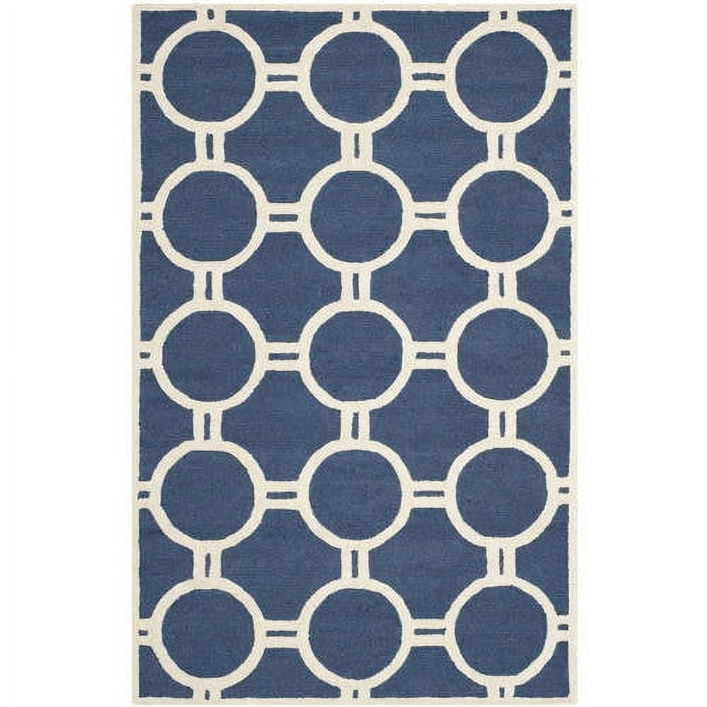 Navy Blue and Ivory Hand-Tufted Wool Geometric Rug