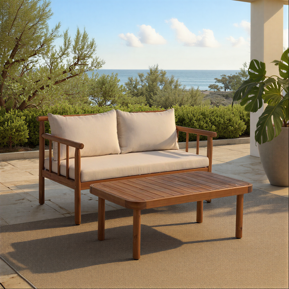 Safavieh Cardorie Modern Wood 2-Piece Outdoor Chat Set, Teak Brown/Cream
