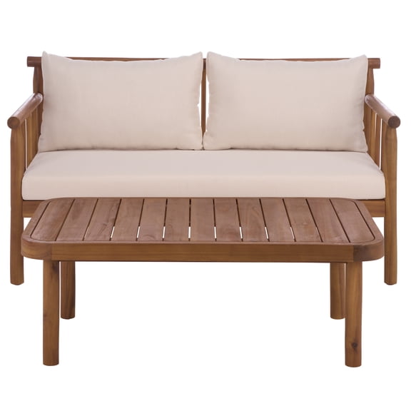 Safavieh Cardorie Modern Wood 2-Piece Outdoor Chat Set, Teak Brown/Cream