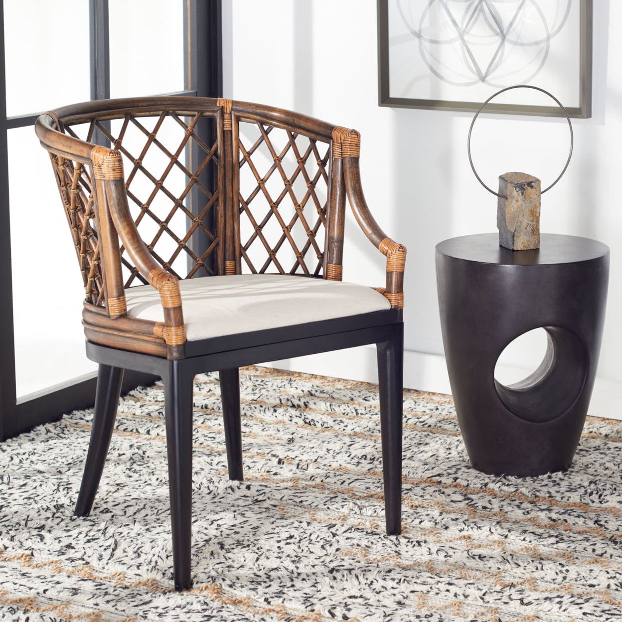 Monaco Coastal Chic Brown Rattan Armchair with Soft White Cushion