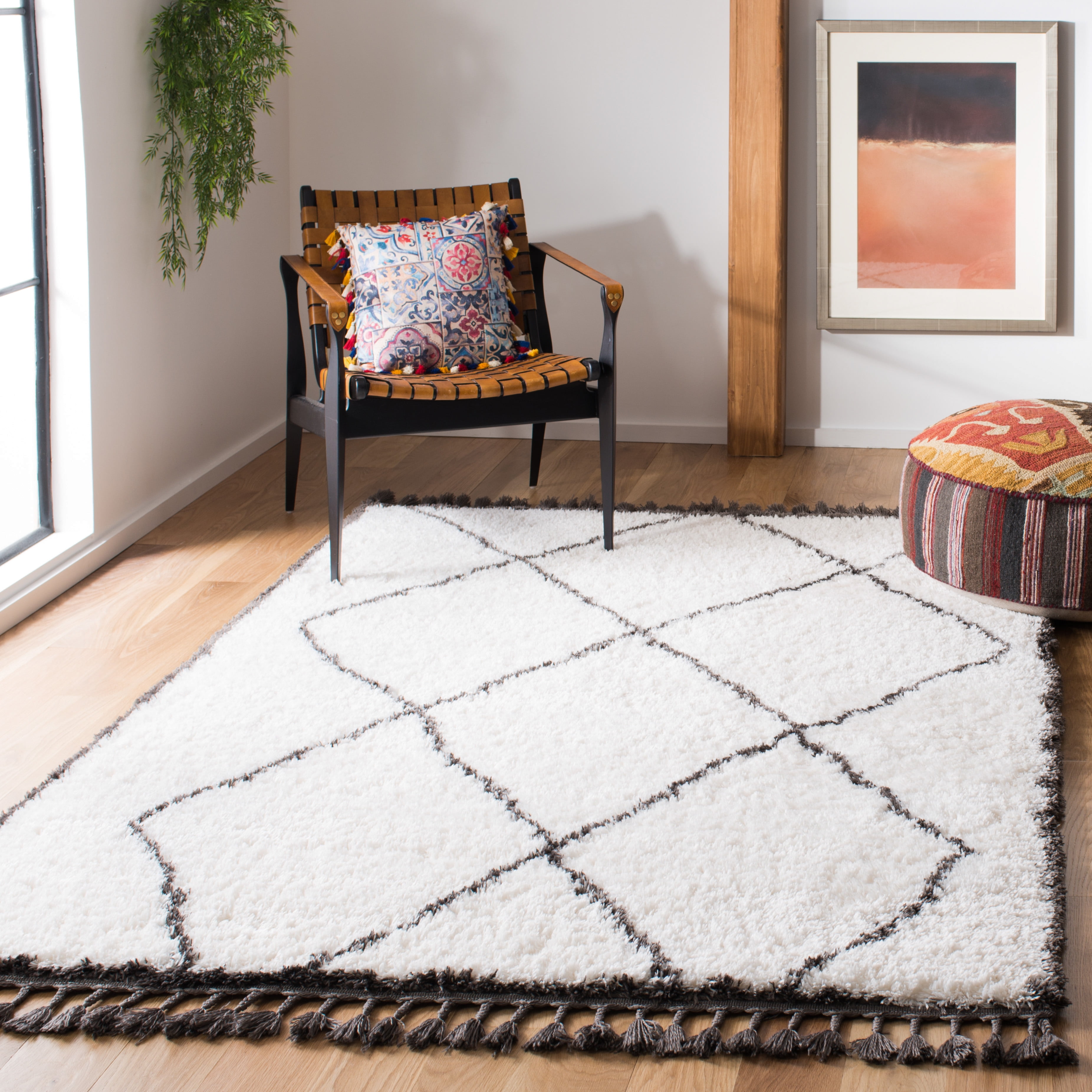 Gray and Cream Diamond Shag Square Area Rug with Tassels