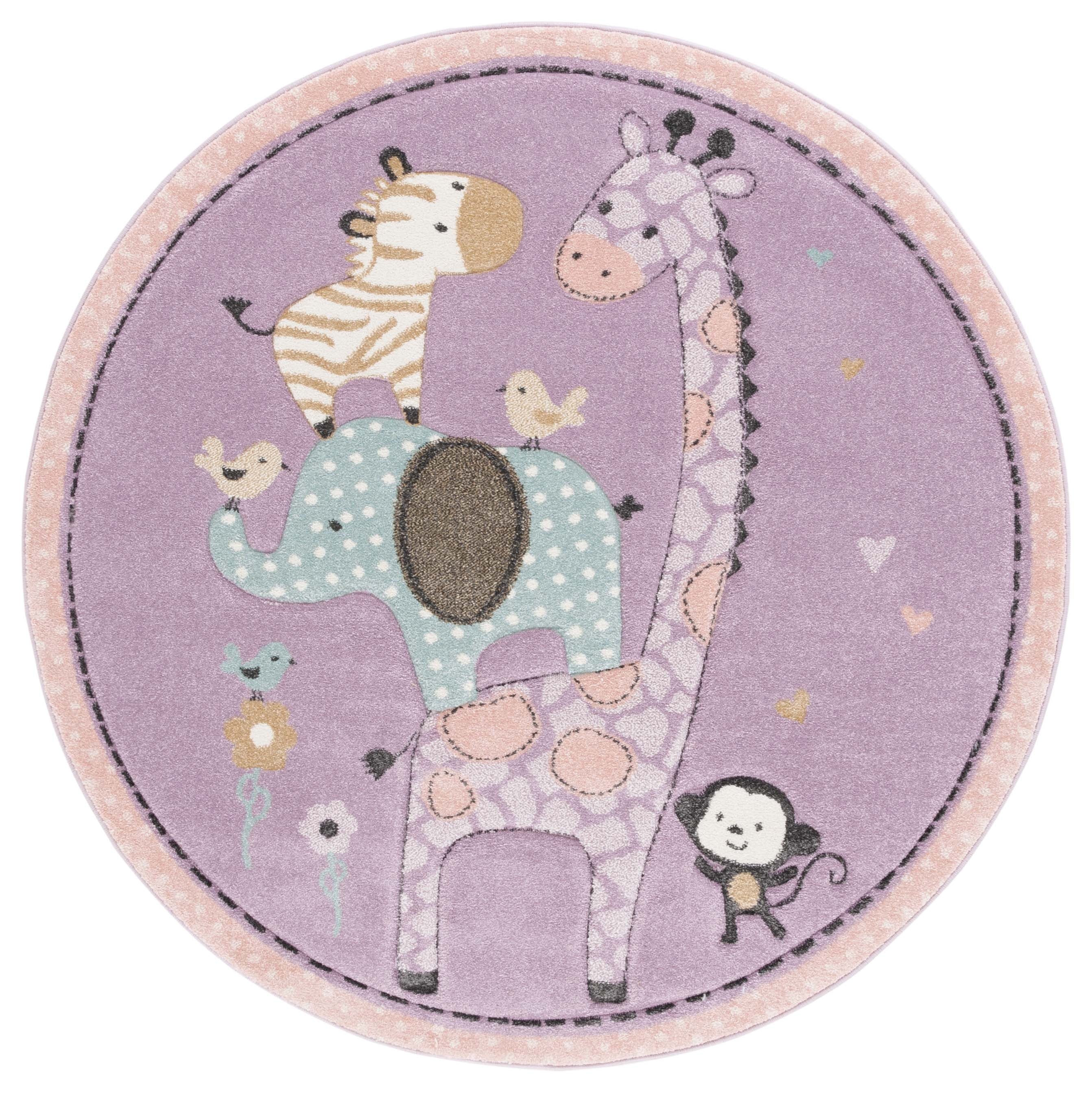 Purple Round Synthetic Kids Animal Play Area Rug, 5'3"