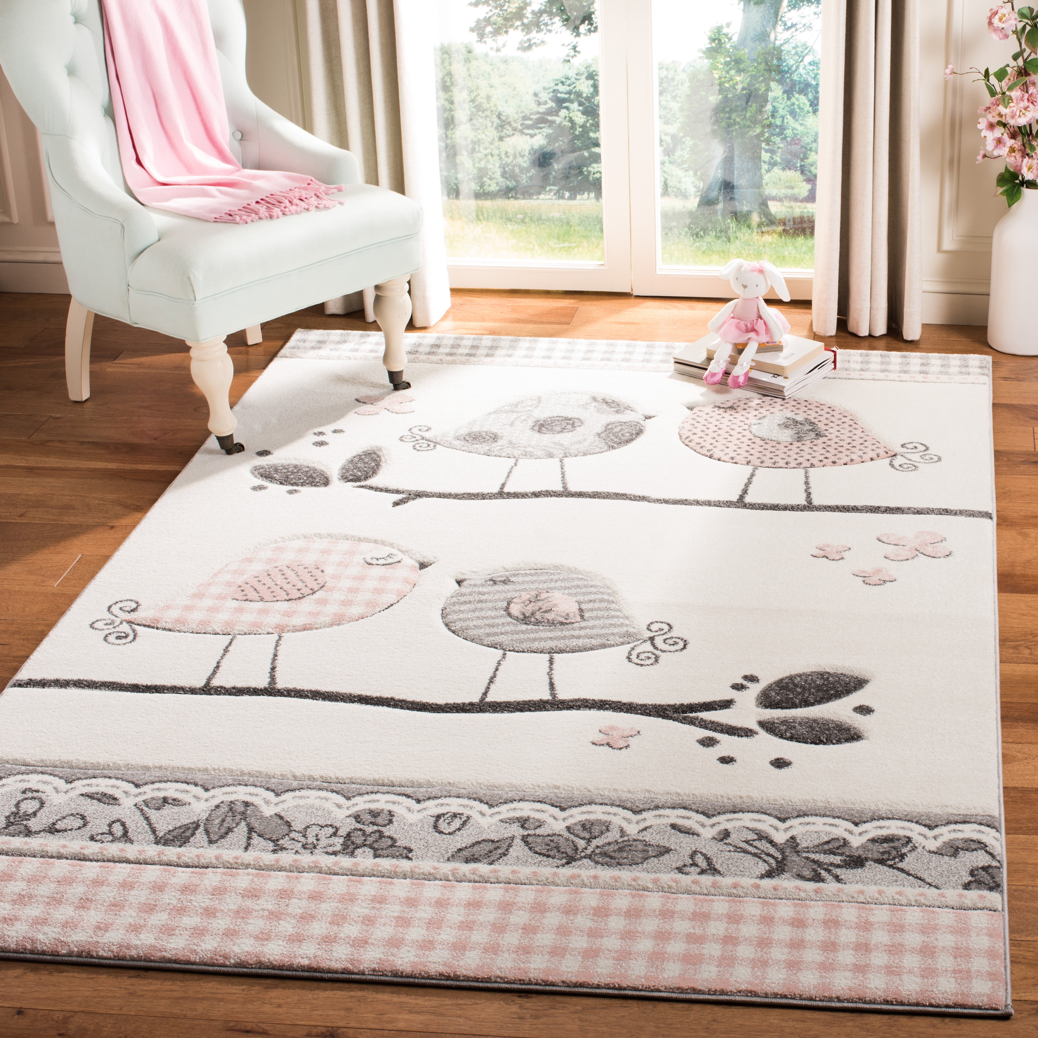 Ivory and Pink Birds Design Kids Area Rug