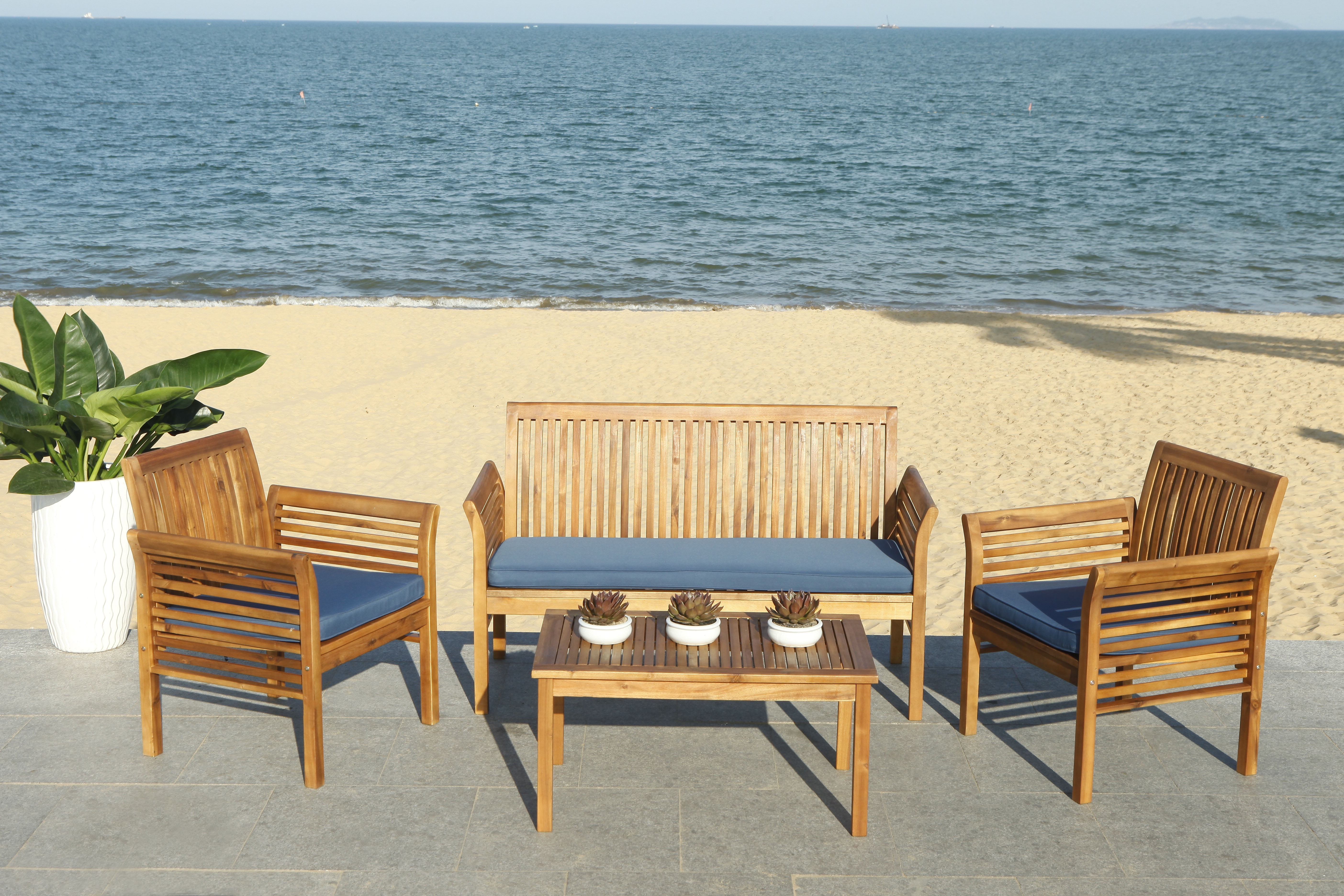 Carson 4-Piece Natural Acacia Outdoor Set with Navy Cushions