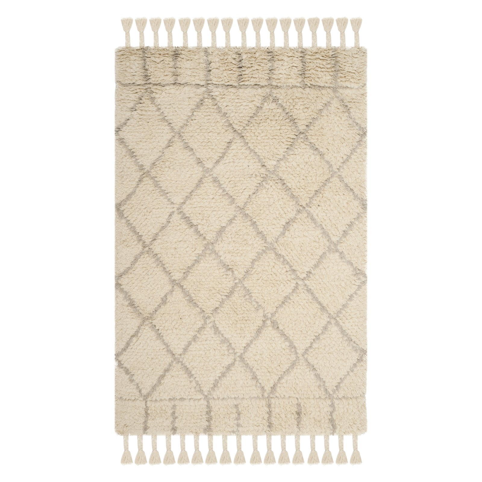 Ivory and Light Grey Hand-Tufted Wool Shag Rug 8' x 10'