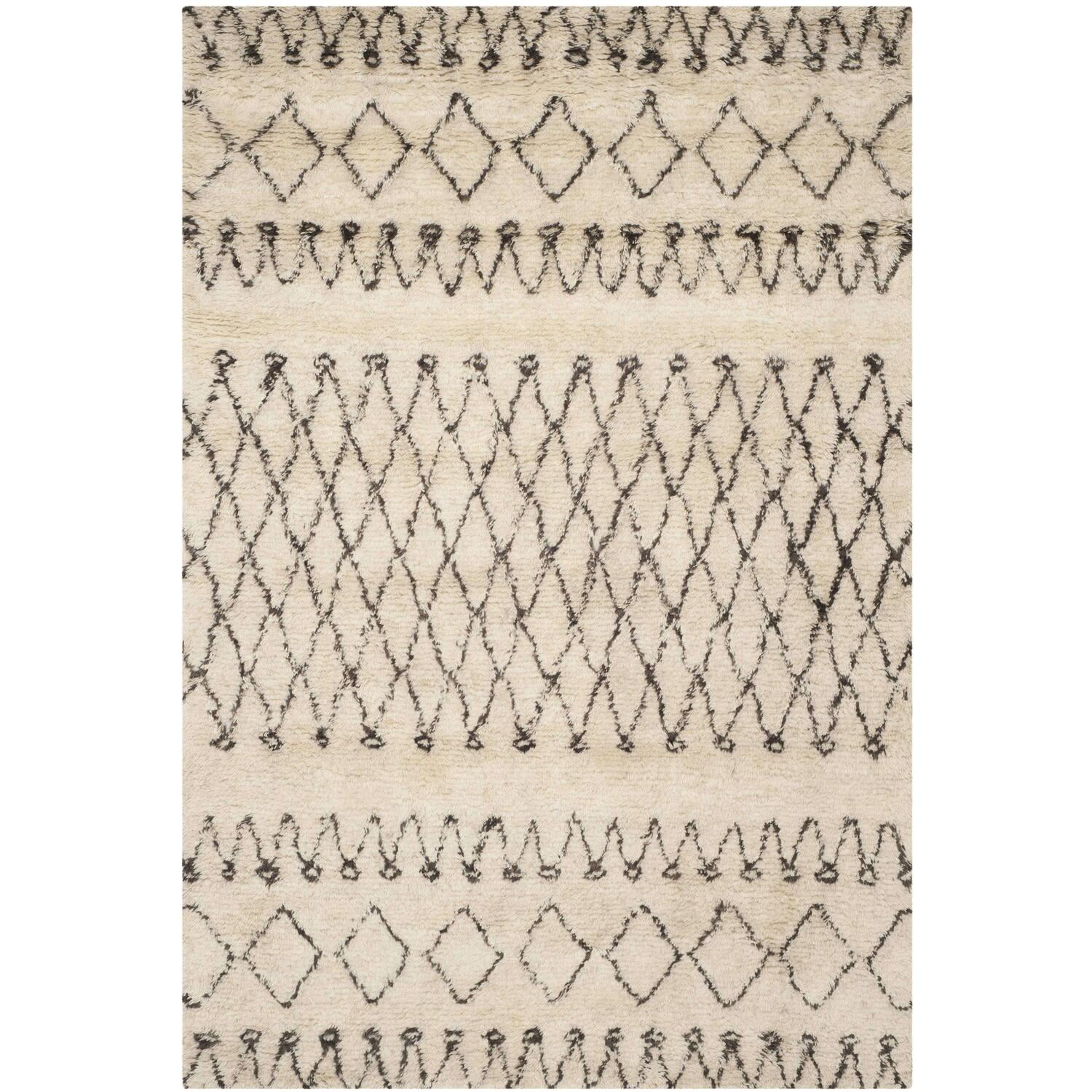 Ivory and Dark Brown Hand-Tufted Wool Shag Area Rug, 6' x 9'
