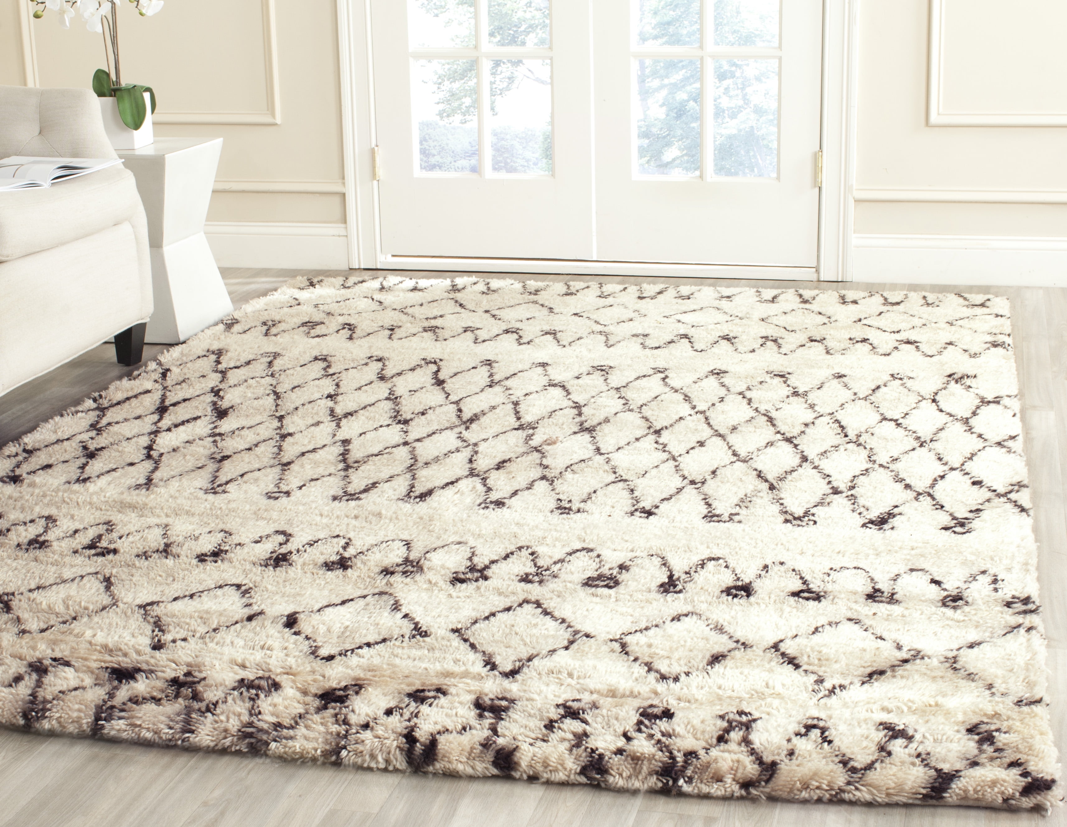 Ivory and Dark Brown Geometric Wool Shag Area Rug